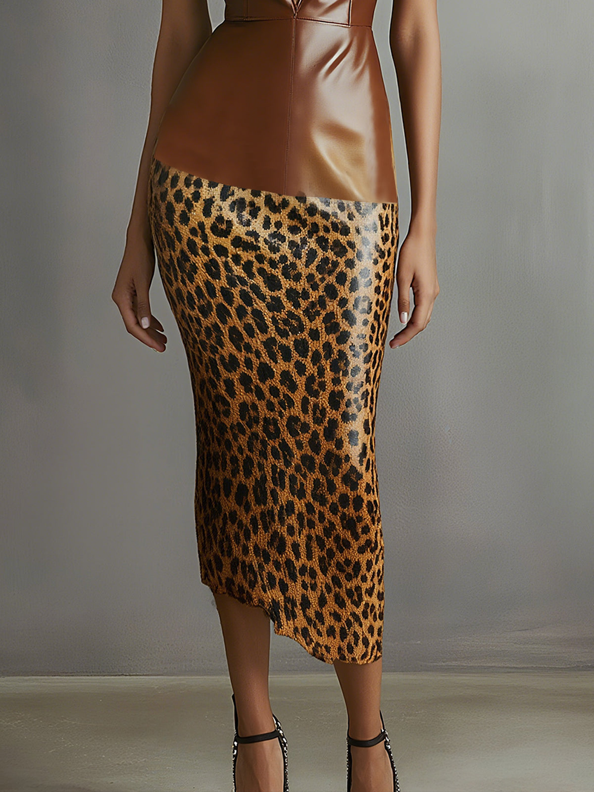 Faux Leather Leopard Print Midi Dress With Deep V-neck