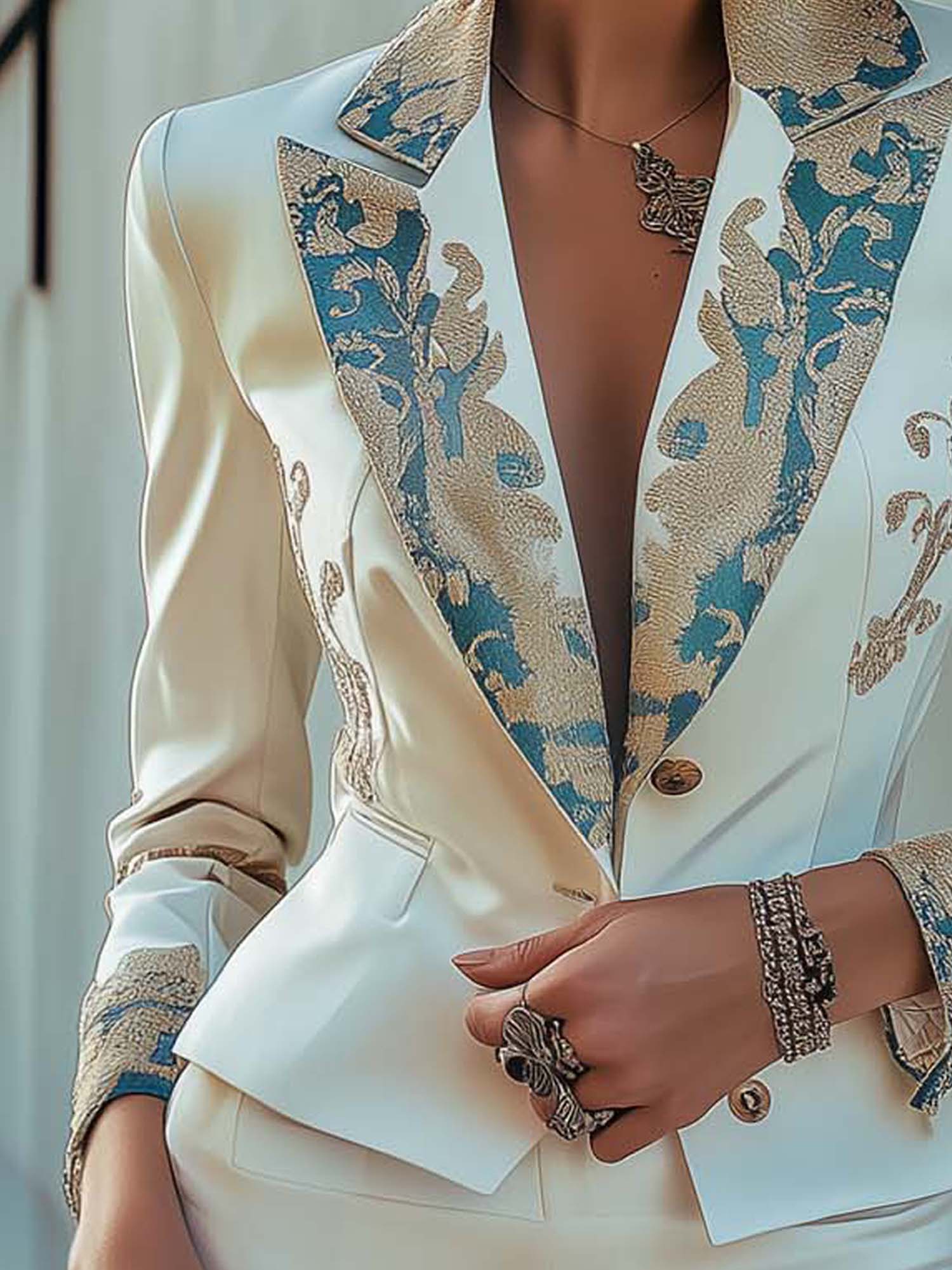 White Satin Blazer With Vintage Classic Pattern
