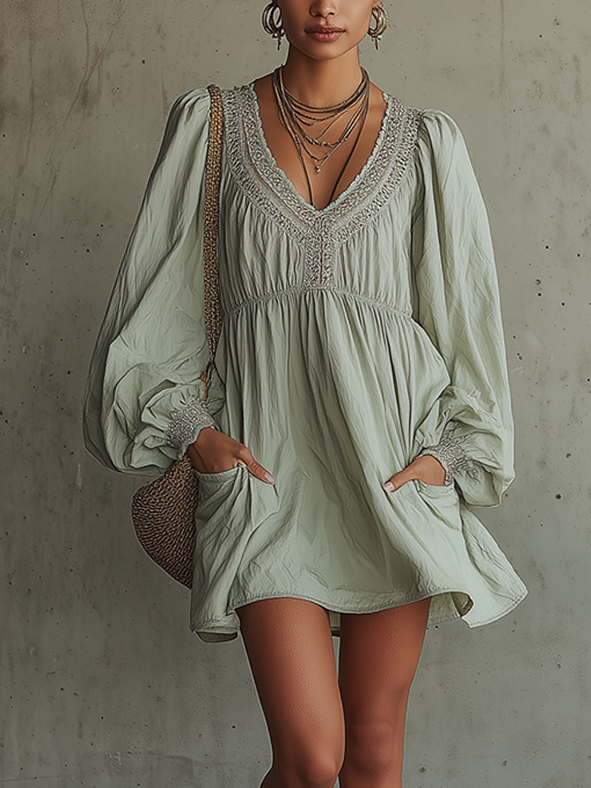 Green Embroidered V-Neck Balloon Sleeve Mini Dress