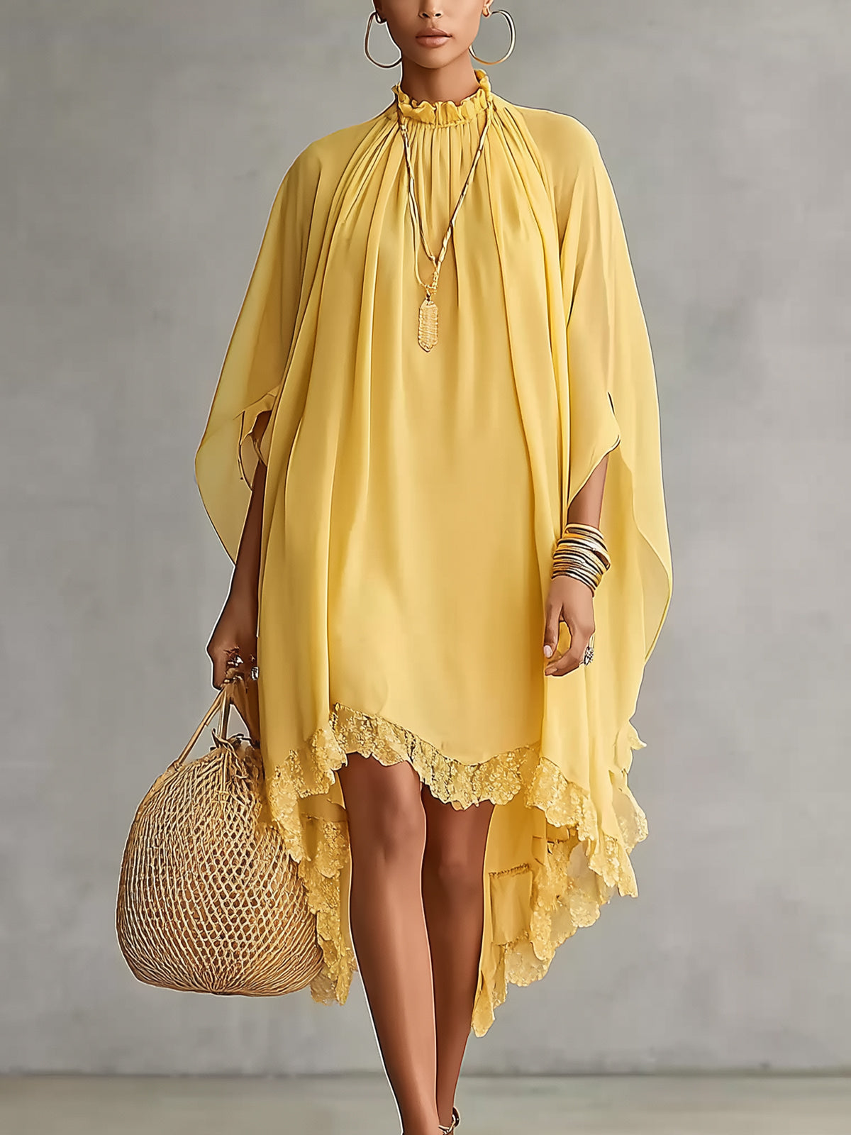 Yellow High-Neck Lace Trim Flowing Kaftan Dress