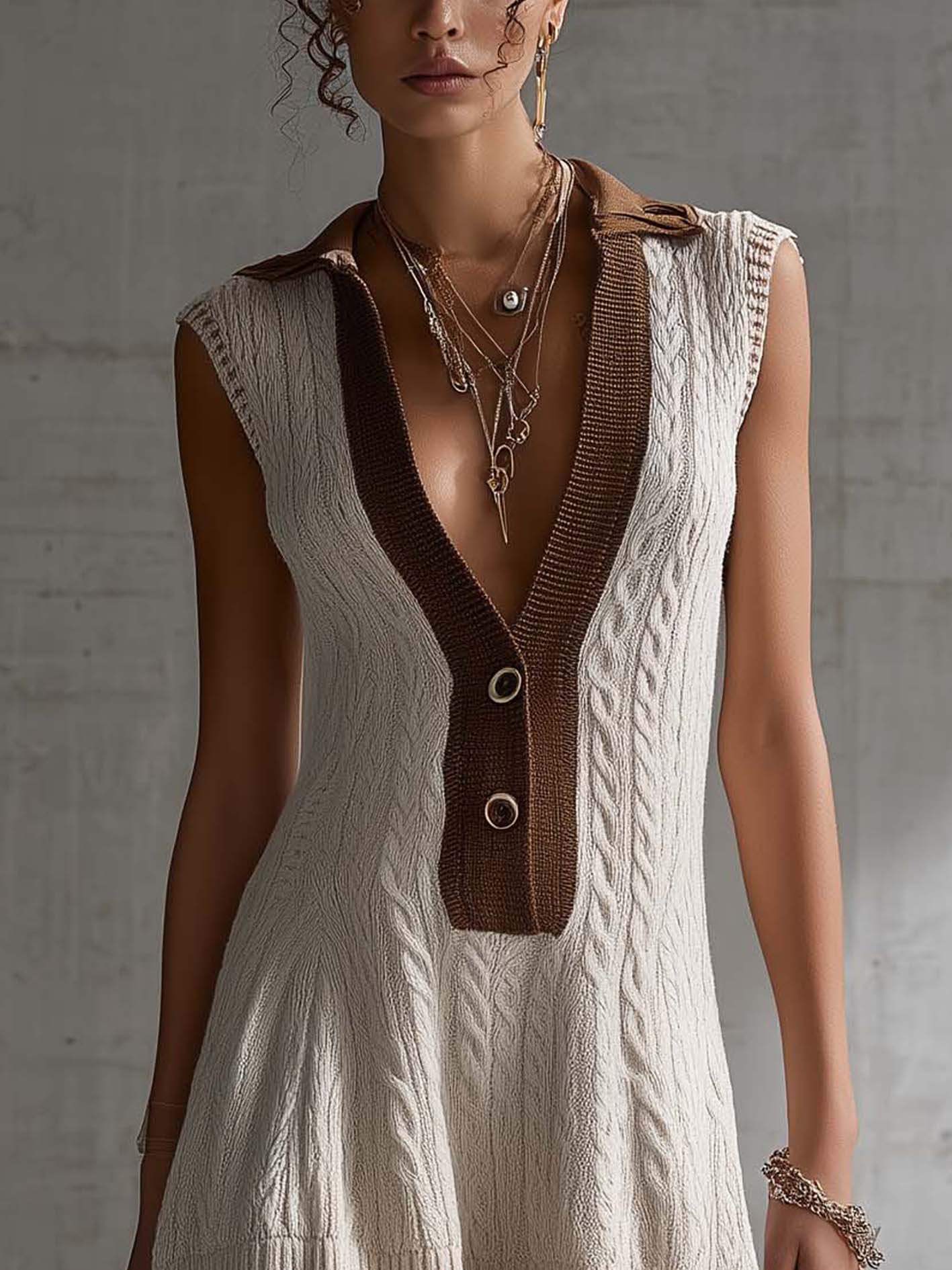 White Cable Knit Mini Dress With Brown Contrast Collar