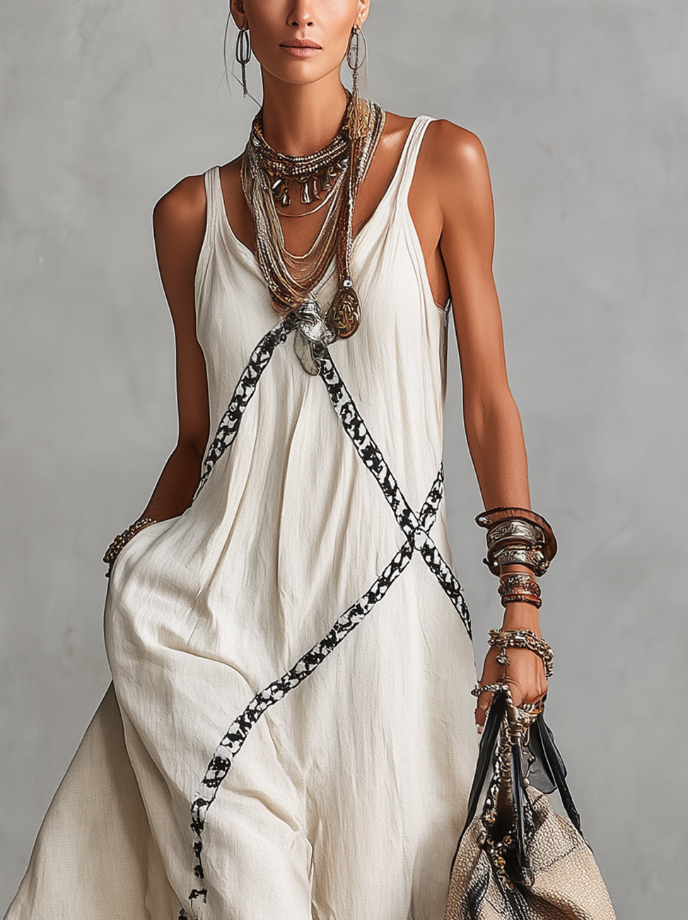 Beige Sleeveless V-Neck Boho Maxi Dress With Black Contrast Trim
