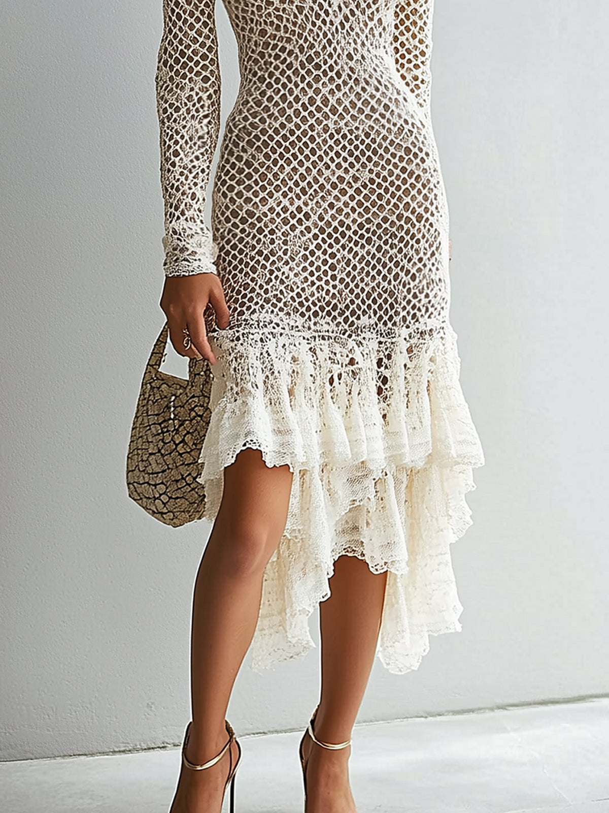Ivory Crochet Panel Lace Ruffle V-Neck Bodycon Dress
