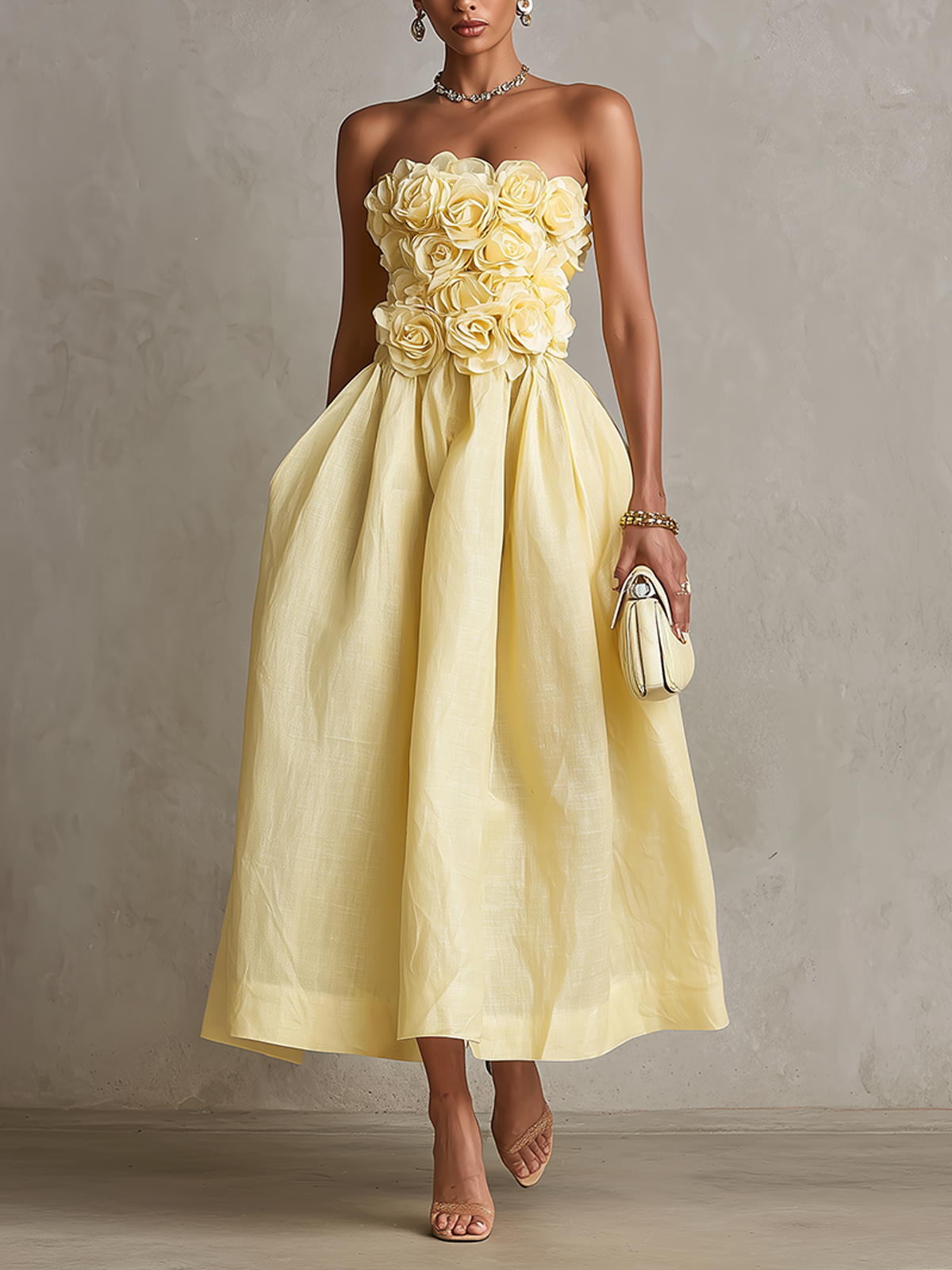 Yellow Strapless Floral Applique Midi Dress