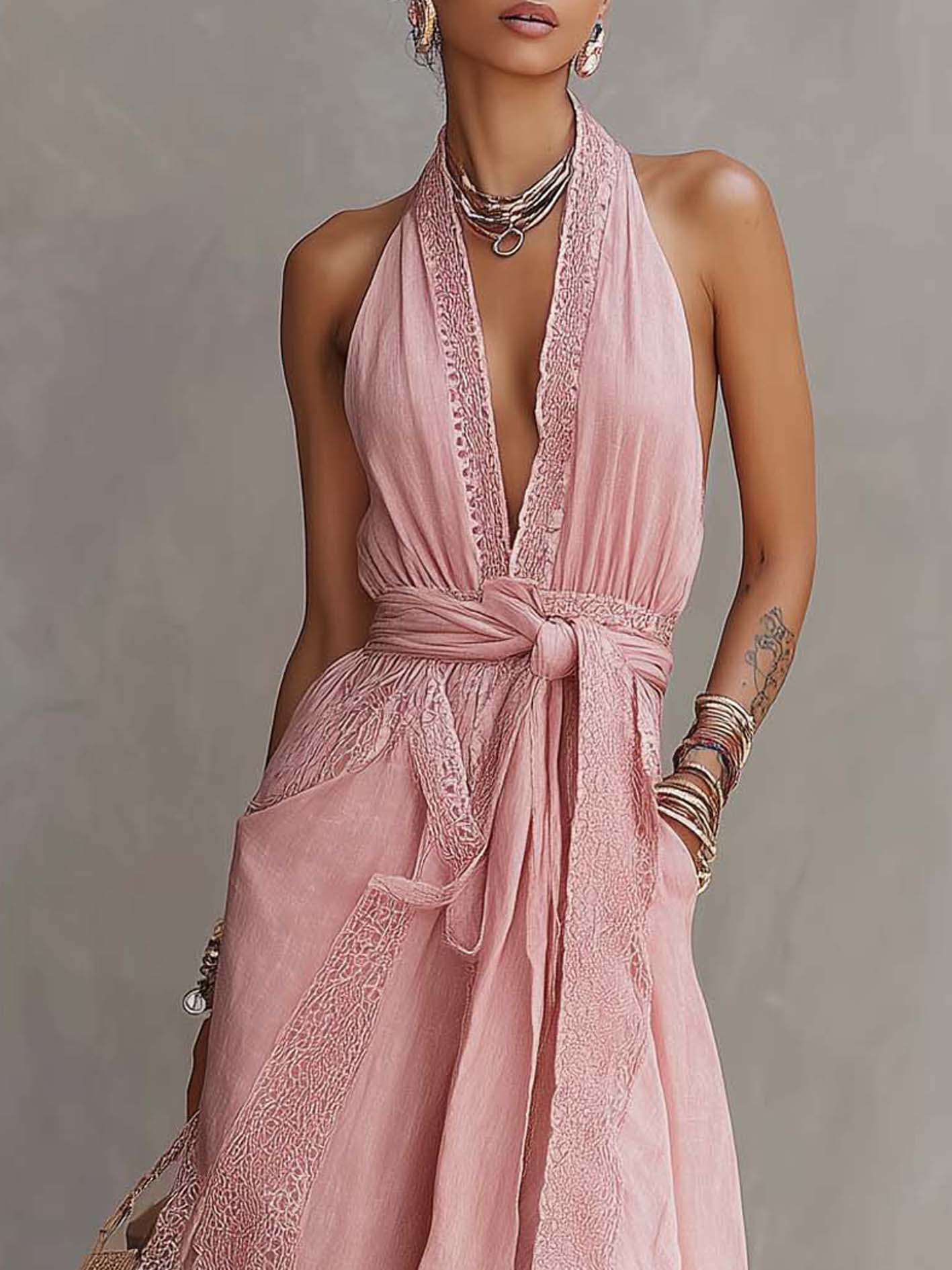 Pink Cotton Linen Patchwork Lace Trim V-Neck Sleeveless Maxi Dress