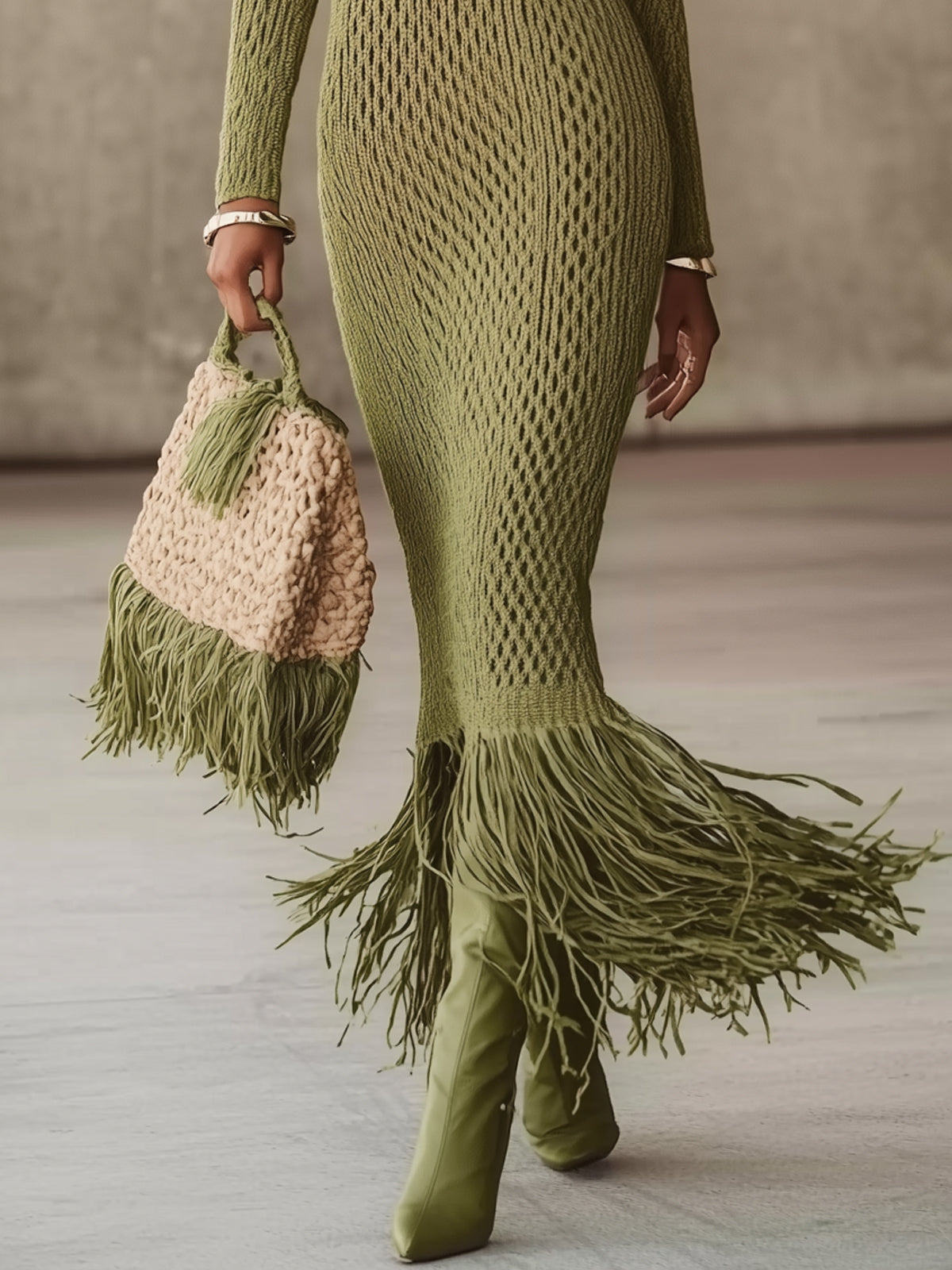 Olive Green Knit Fringe Hem Bodycon Maxi Dress