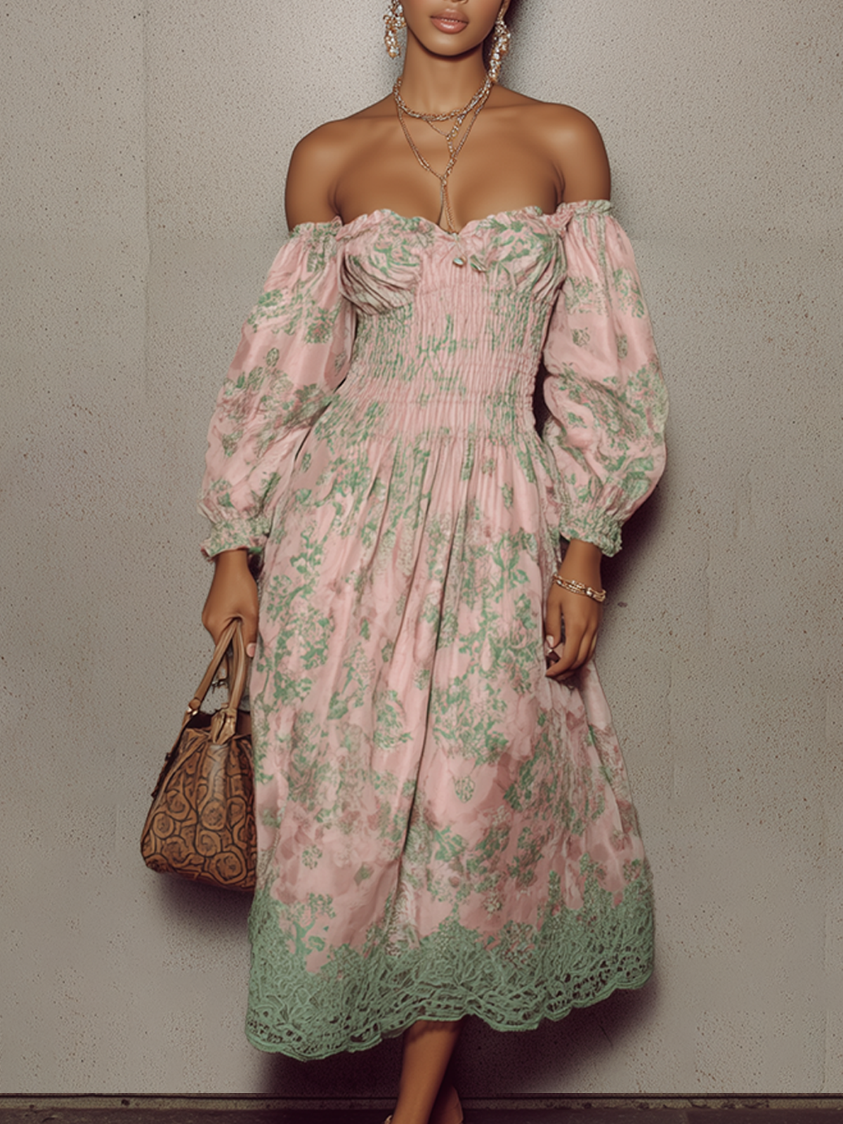 Light Pink And Green Off-Shoulder Lace Midi Dress