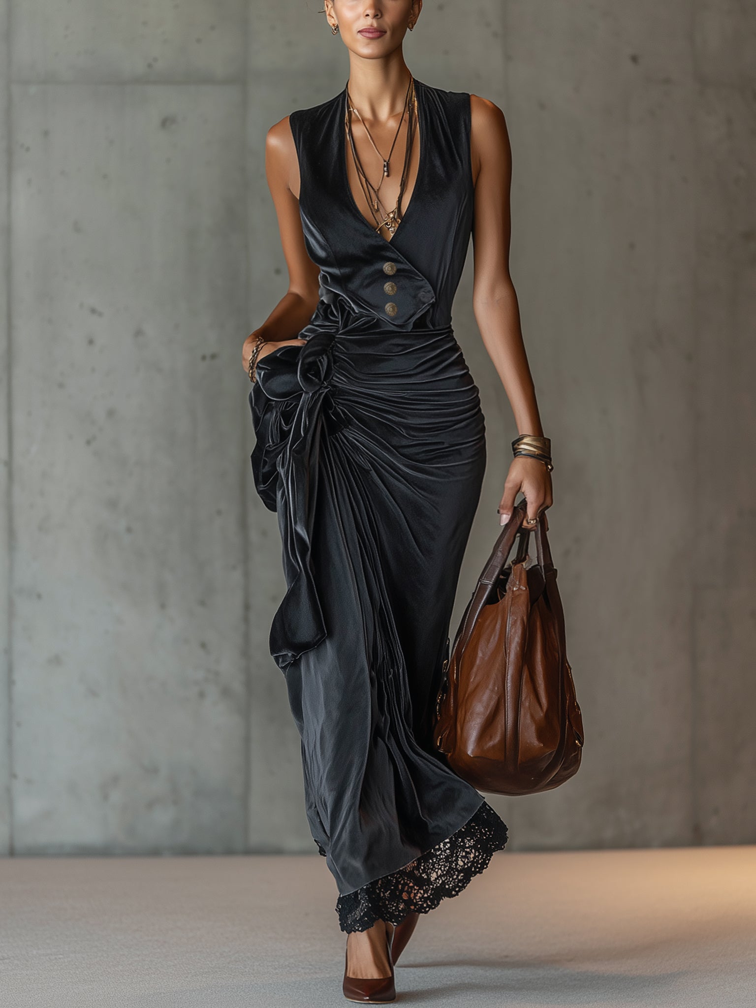 Dark Gray Velvet Sleeveless Deep V-Neck Ruched Maxi Dress With Lace Hem