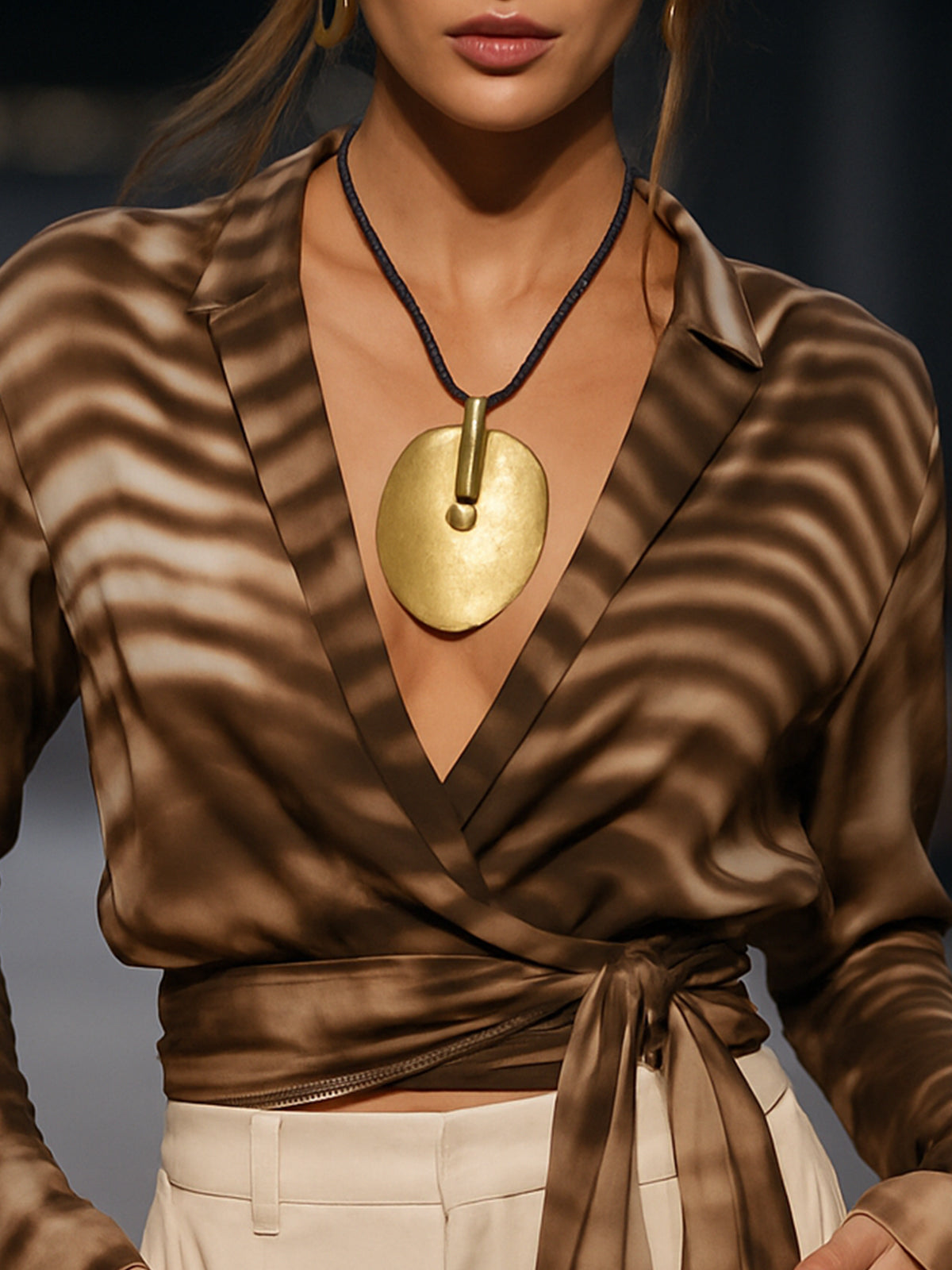 Brown Tie Waist Wrap Blouse With Abstract Pattern