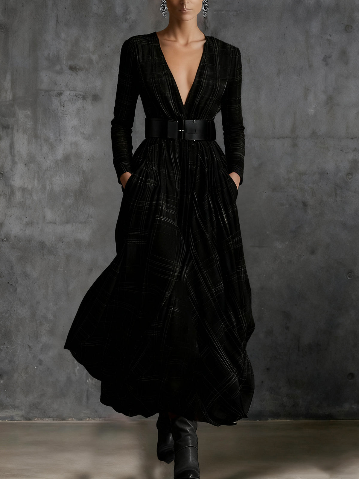 Black Plaid Maxi Dress With Deep V-Neck And Belt