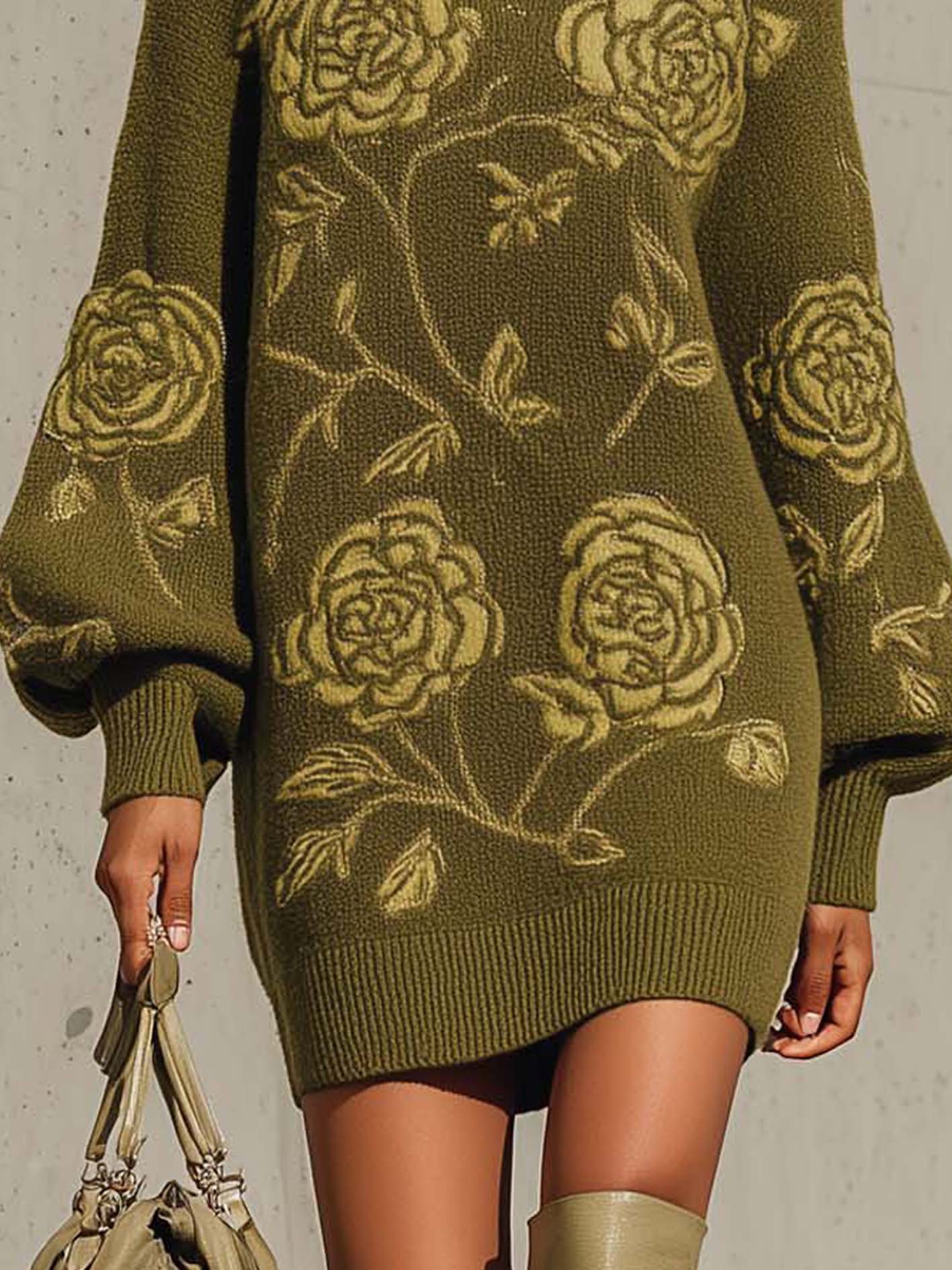 Olive Green Knitted Mini Dress With Rose Embroidery