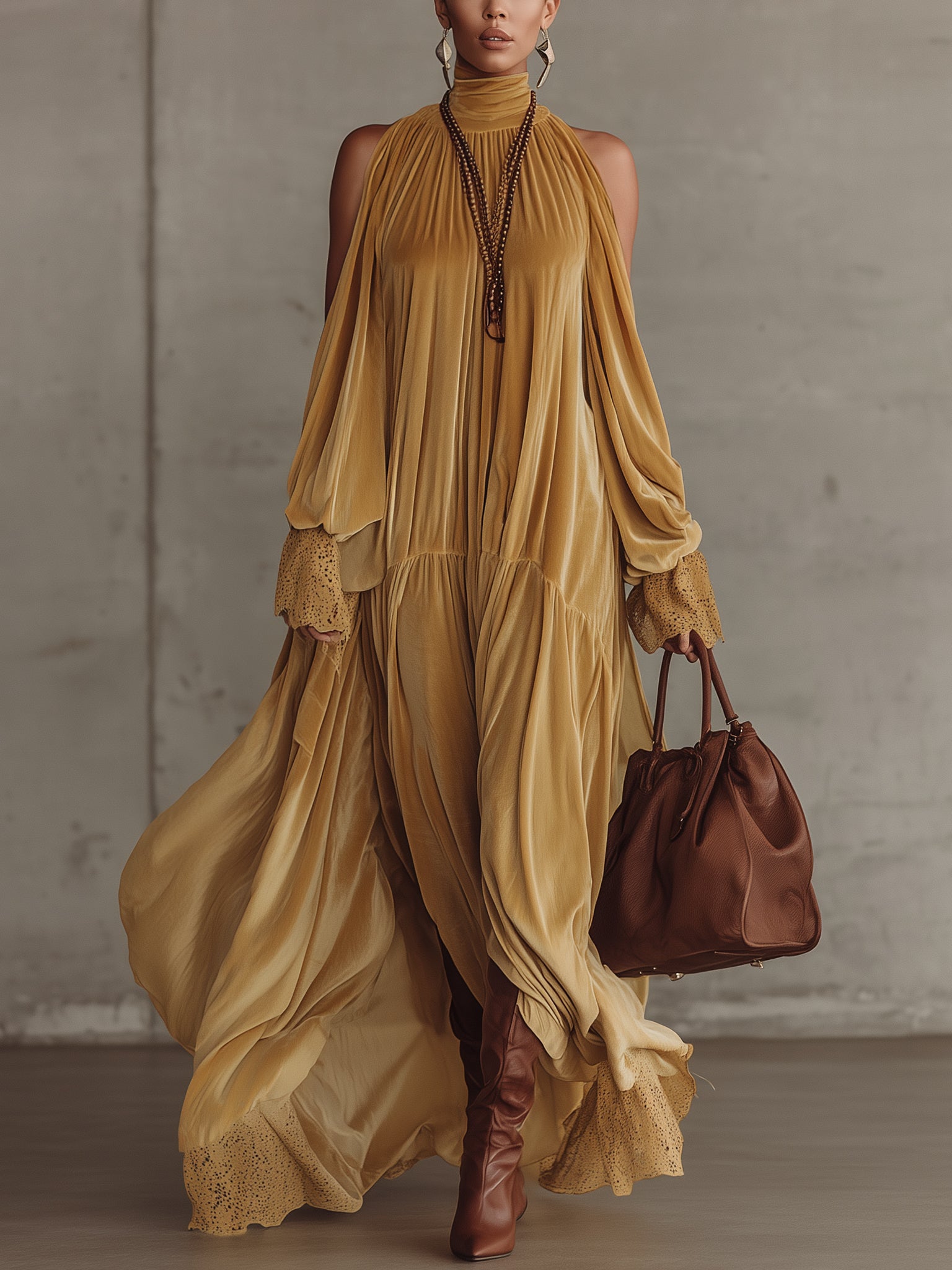 Yellow Velvet Off Shoulder High Neck Long Dress With Lace Hem