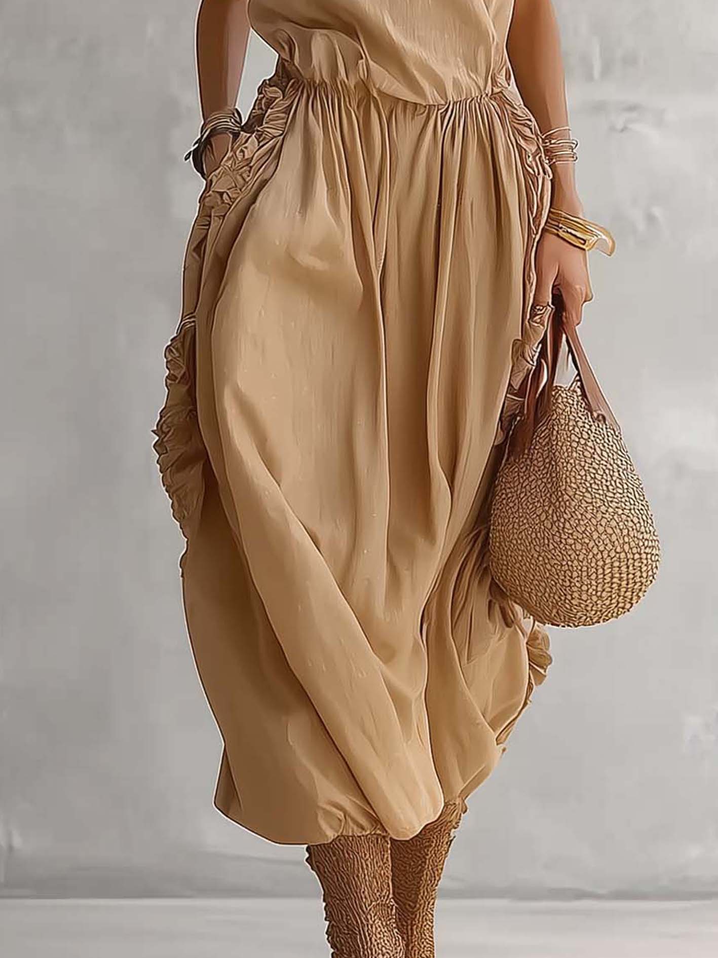 Khaki Cotton Linen Ruffle Side Elastic Waist Maxi Dress