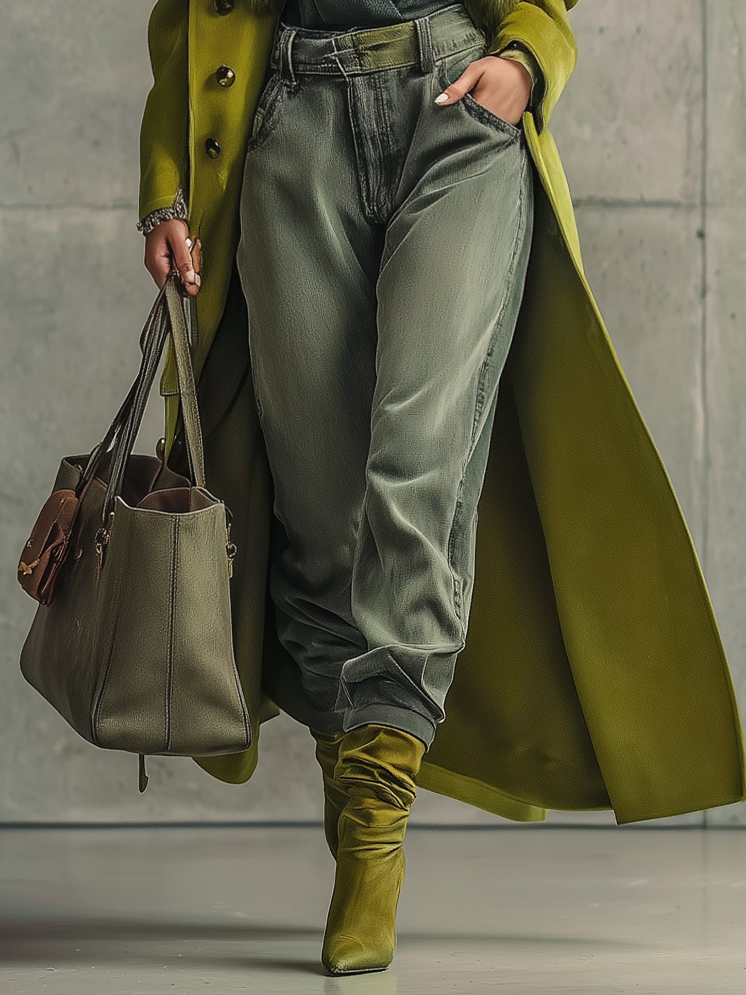 Green Wool Blend Fur Collar Coat