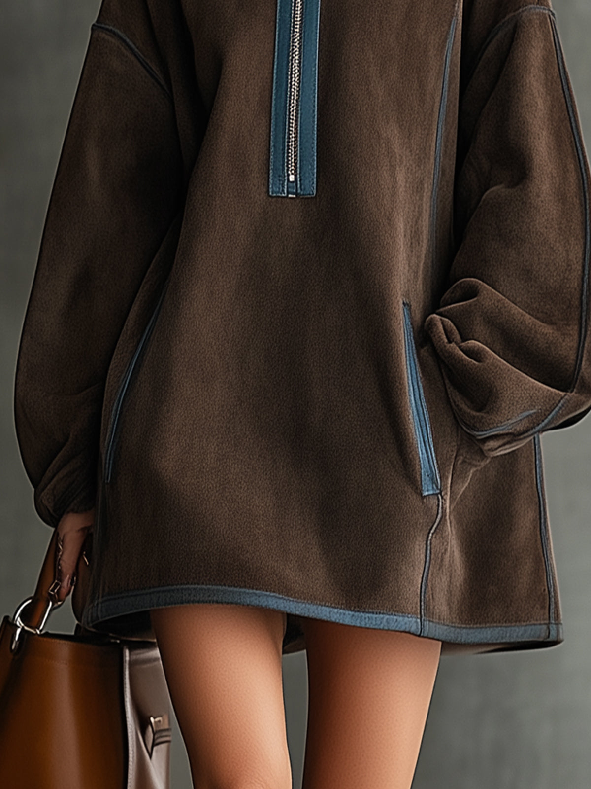 Brown Faux Suede Fleece High-Neck Zip-Up Oversized Mini Dress