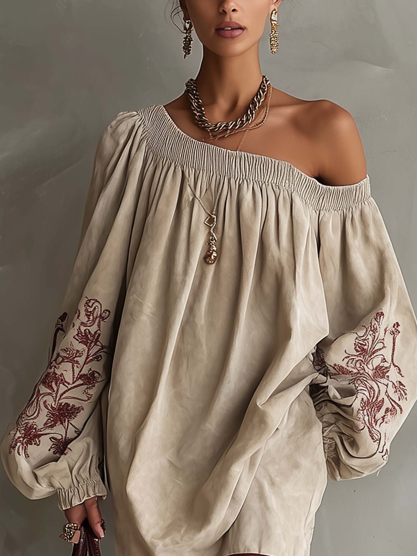Oatmeal Faux Suede One Shoulder Mini Dress With Embroidered Sleeve
