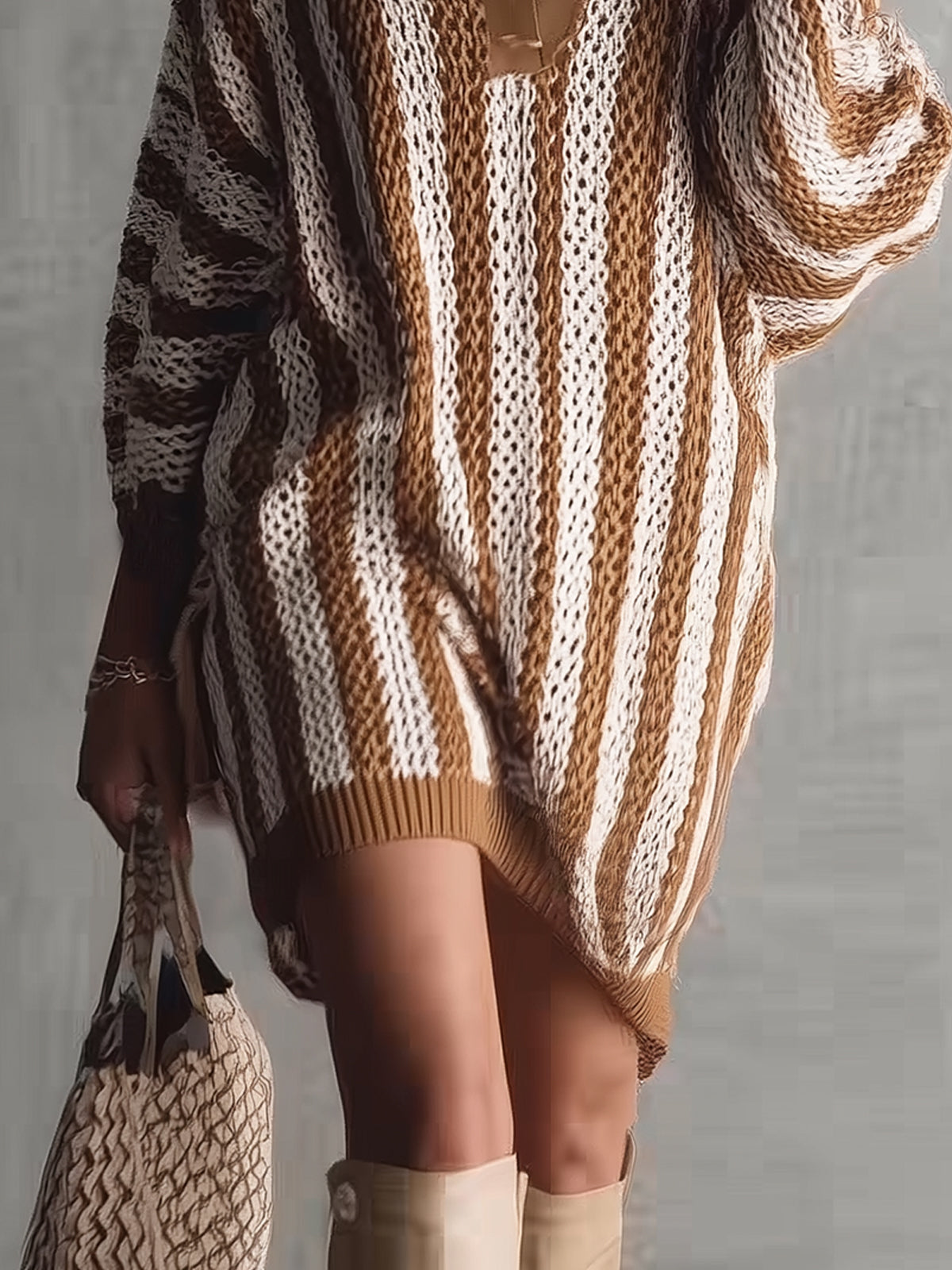 Camel And Cream Striped Knit Polo Sweater Dress