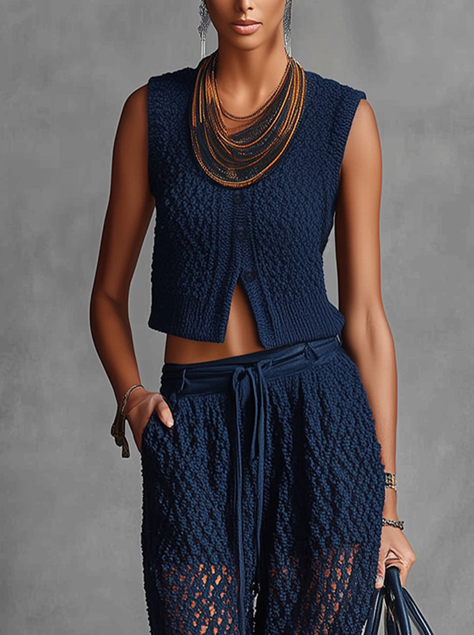 Navy Textured Knit Cropped Vest And Wide-Leg Pants Set
