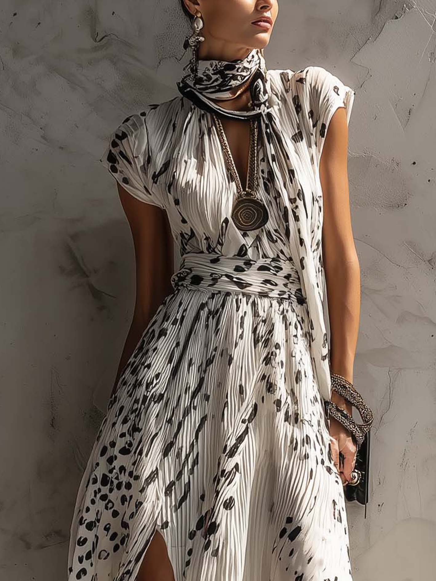 White Irregular Leopard Print Chiffon Maxi Dress With Side Slit