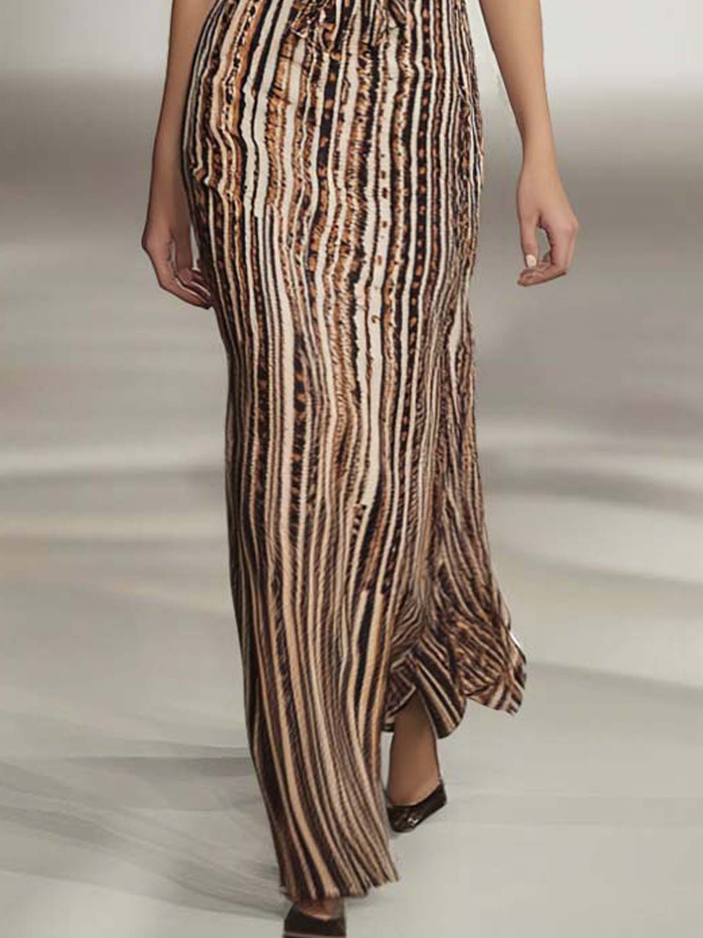 Brown Maxi Dress With Vertical Mixed Stripes And Belt