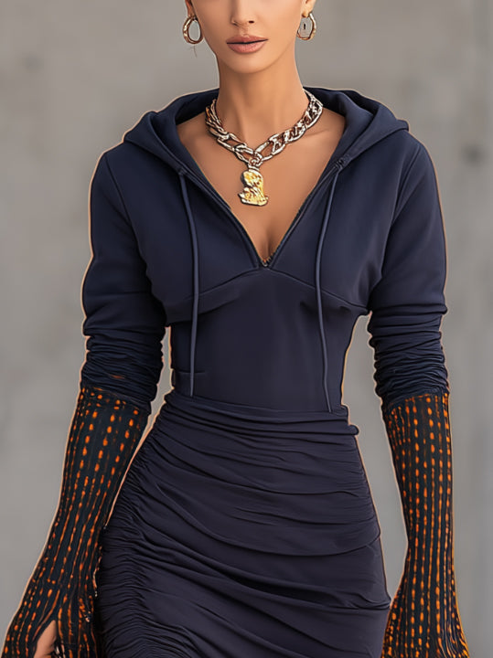Blue Draped Hoodie Fringe Midi Dress With Contrast Sleeves