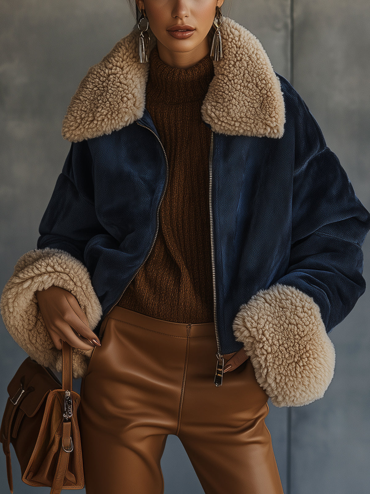 Navy Faux Shearling Aviator Jacket With Sherpa Trim