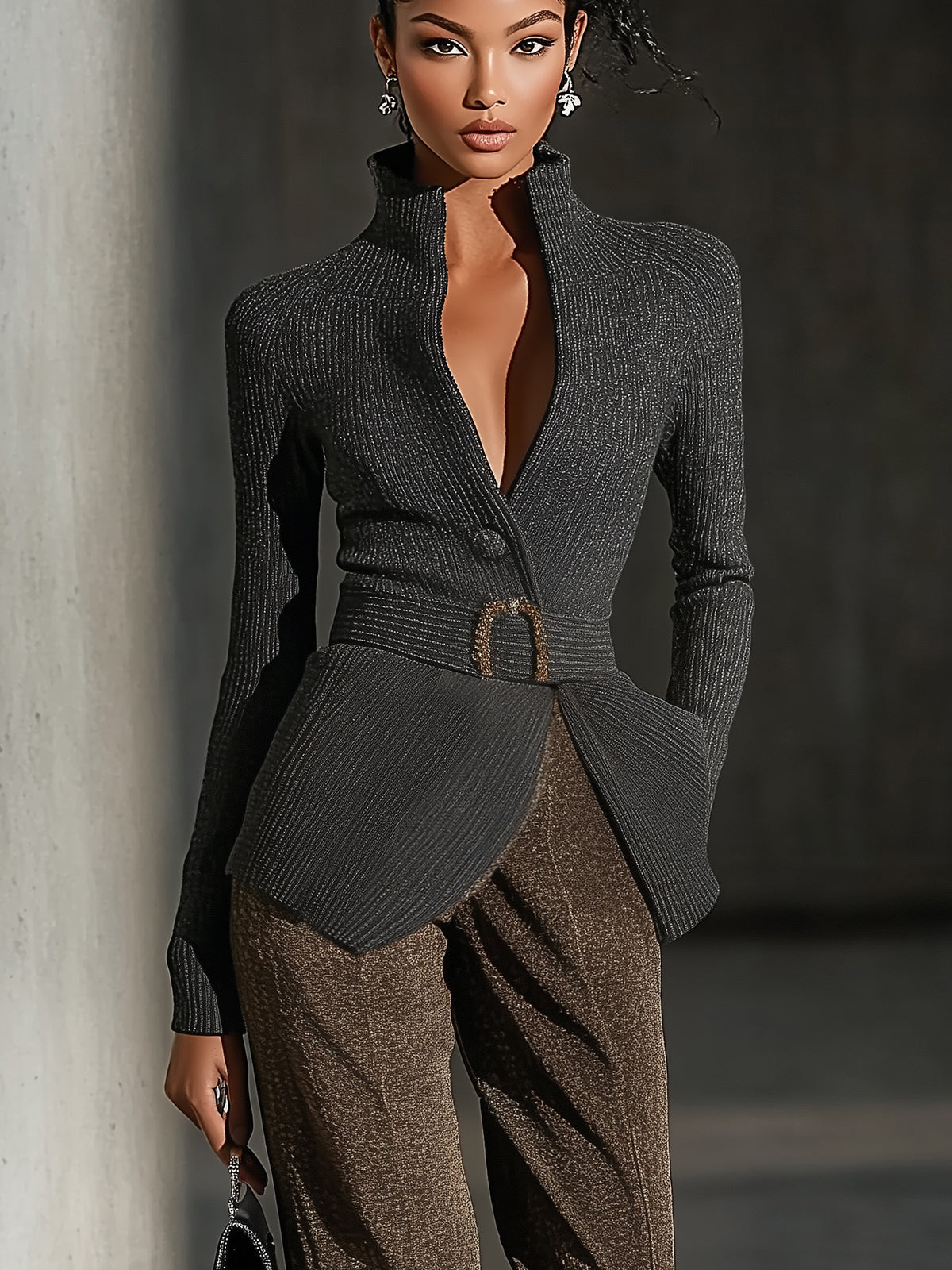 Black Ribbed High Neck Belted Knit Jacket