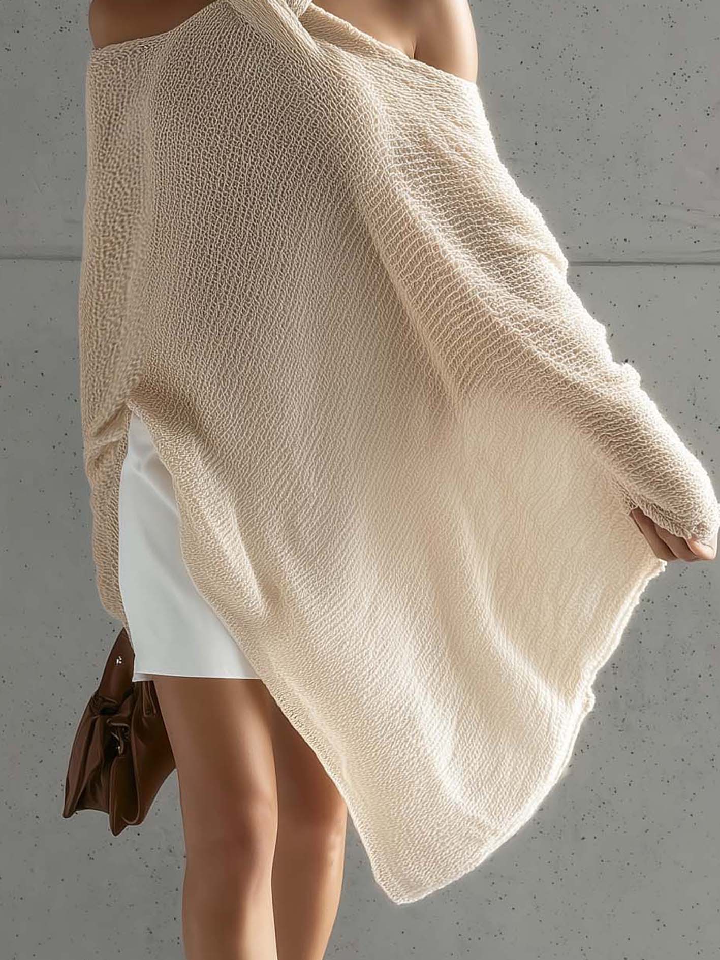 Oatmeal Knit Cross Halter Cold Shoulder Sweater And White Shorts Set