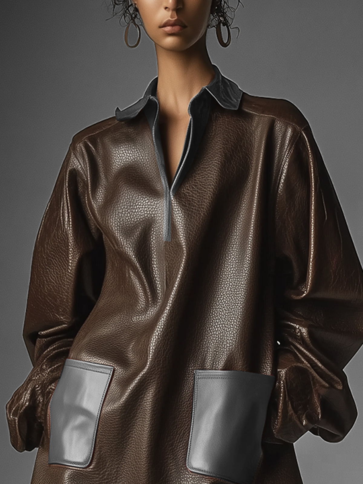 Dark Brown Faux Leather Dress With Front Pockets