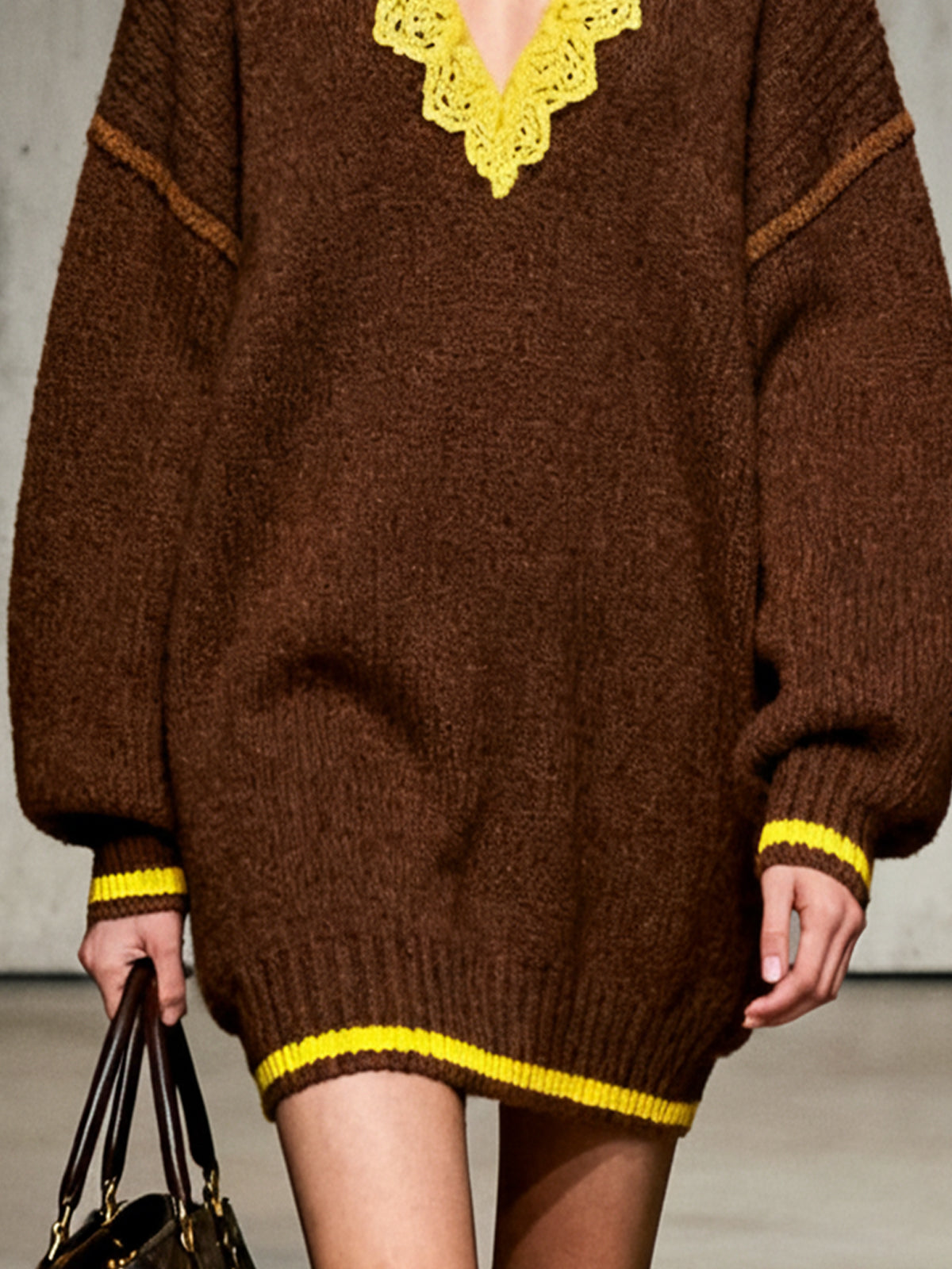 Brown Knitted V-Neck Dress With Contrasting Lace Detailing
