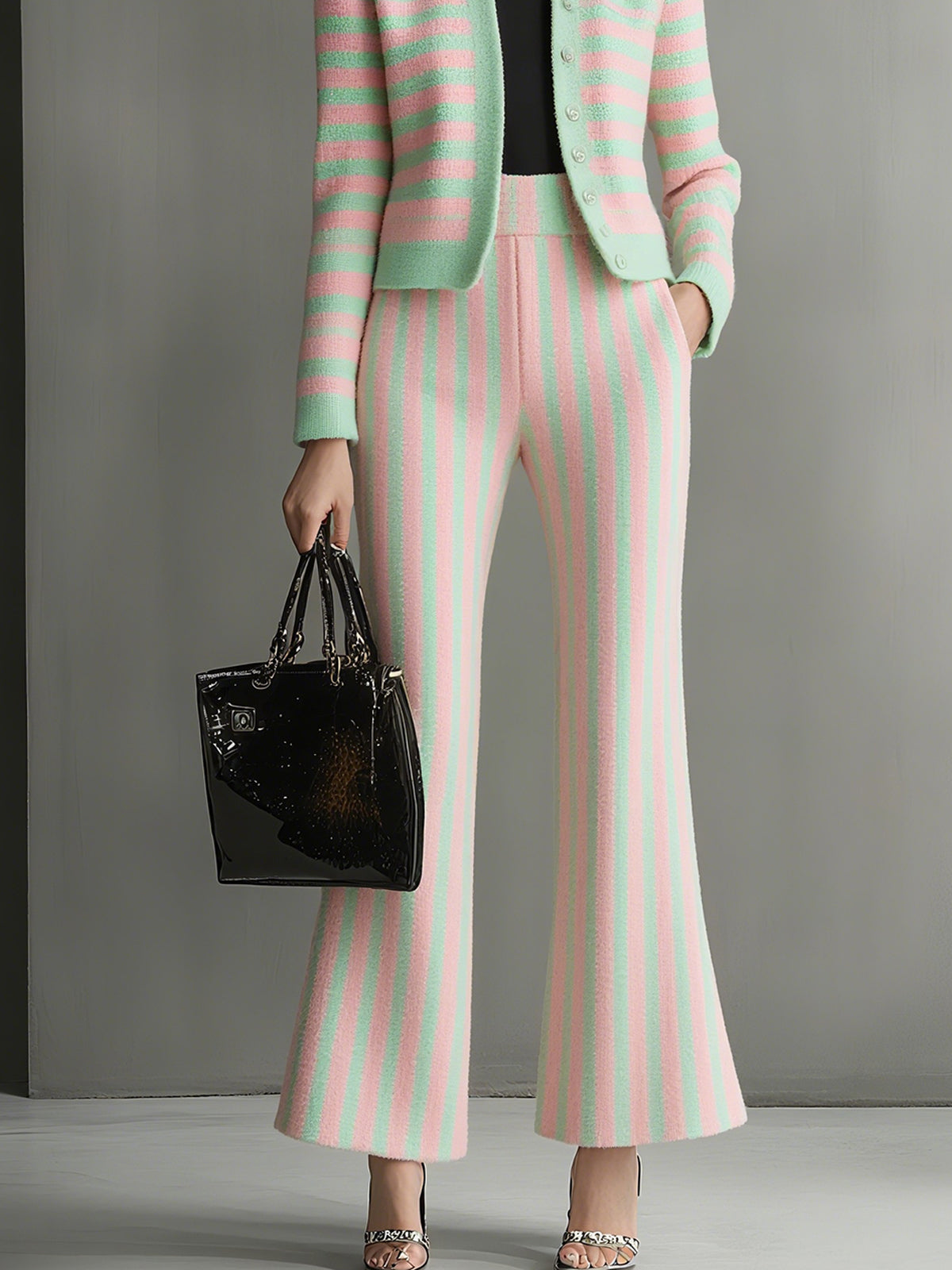 Pastel Striped Knit Cardigan And Wide Leg Pants Set