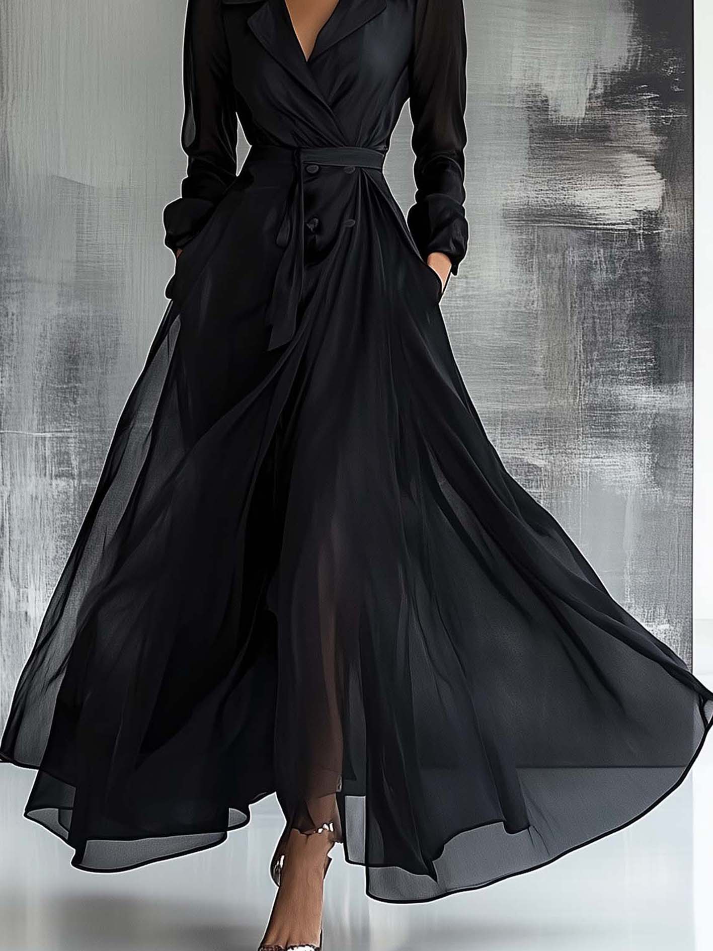 Black Chiffon Maxi Dress With Double-breasted Buttons And Belt
