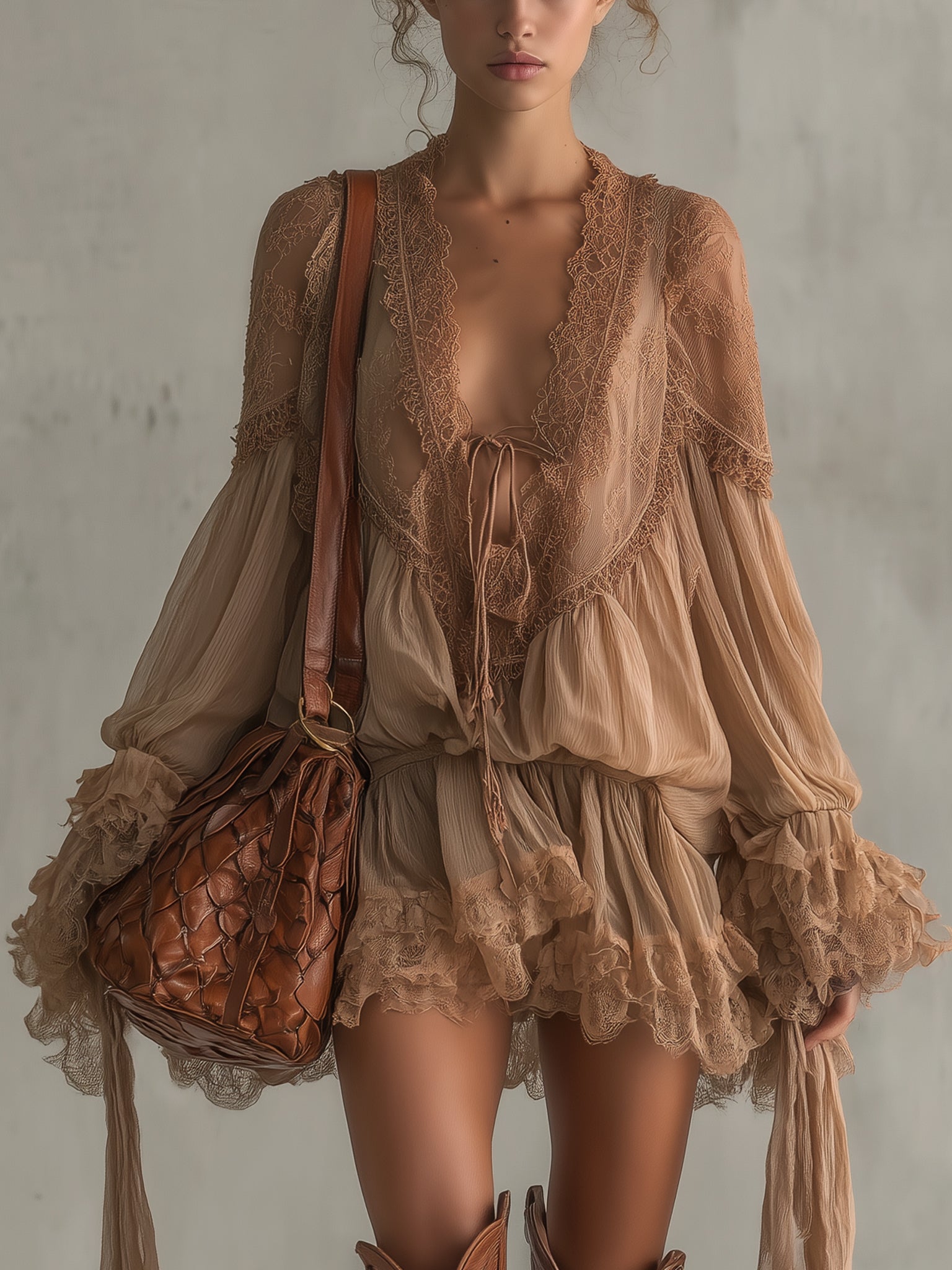 Lightweight Nude Lace Chiffon Long Sleeve Mini Dress