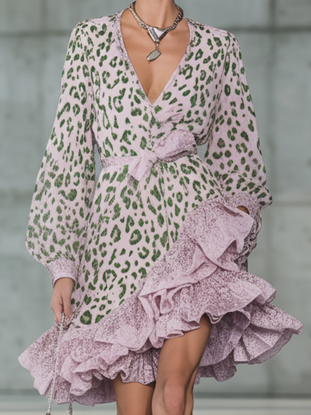 Pink Leopard Print Ruffled Chiffon Wrap-Sleeve Mini Dress