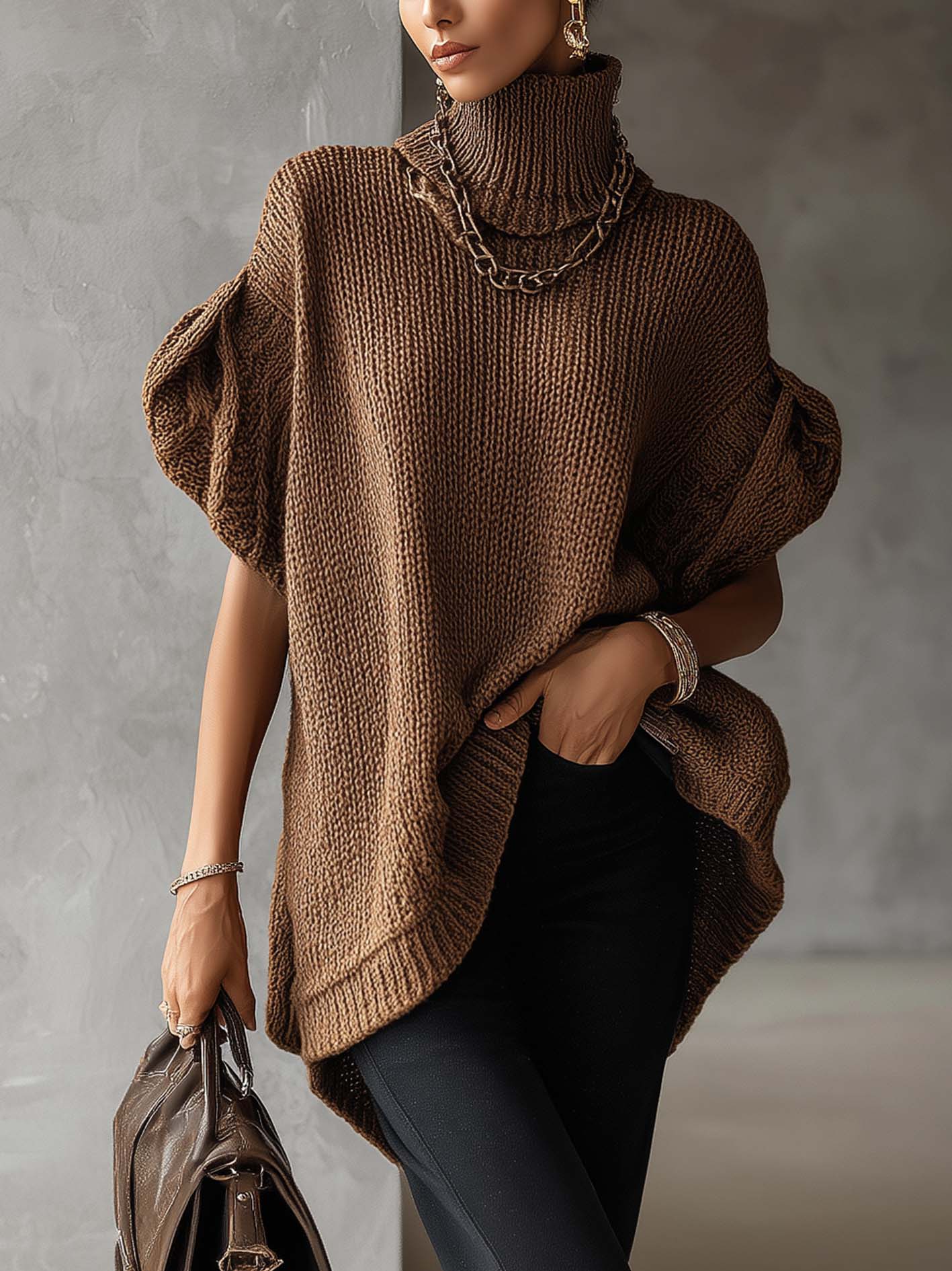 Brown Turtleneck Short Sleeve Chunky Knit Sweater