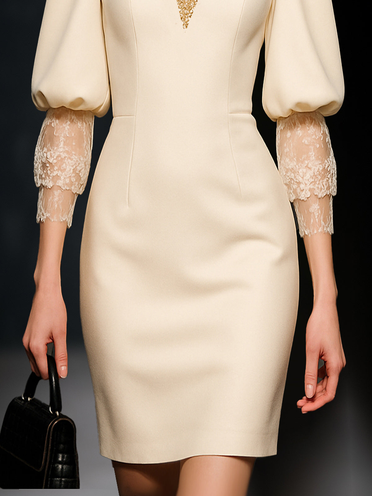 Elegant Sheath Dress With Puff Sleeves And Lace Applique