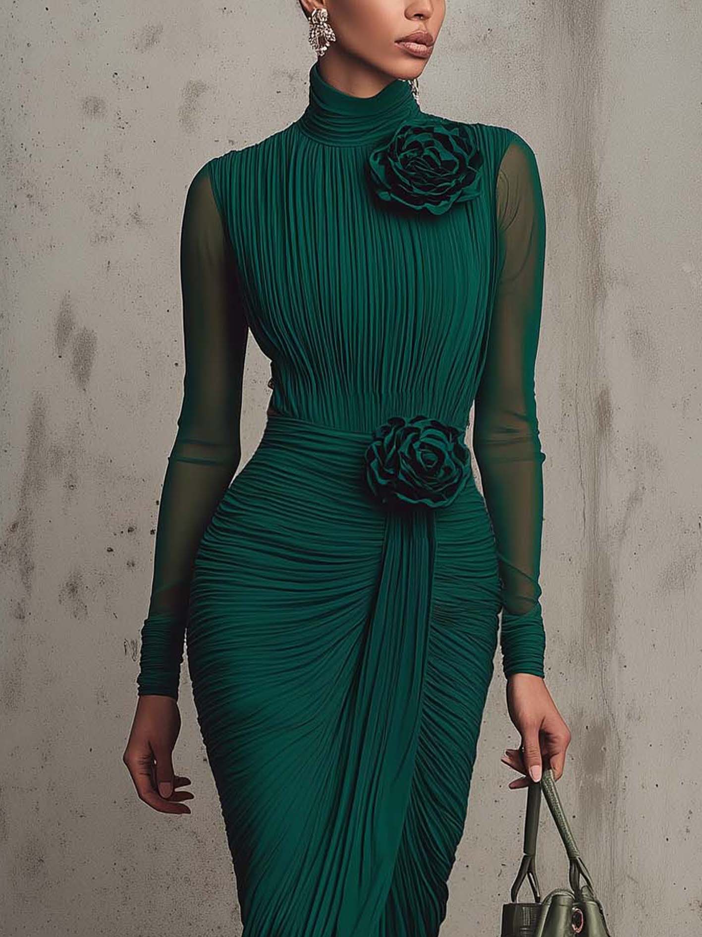 Dark Green Chiffon Bodycon Dress With Mesh Sleeves And 3D Flowers