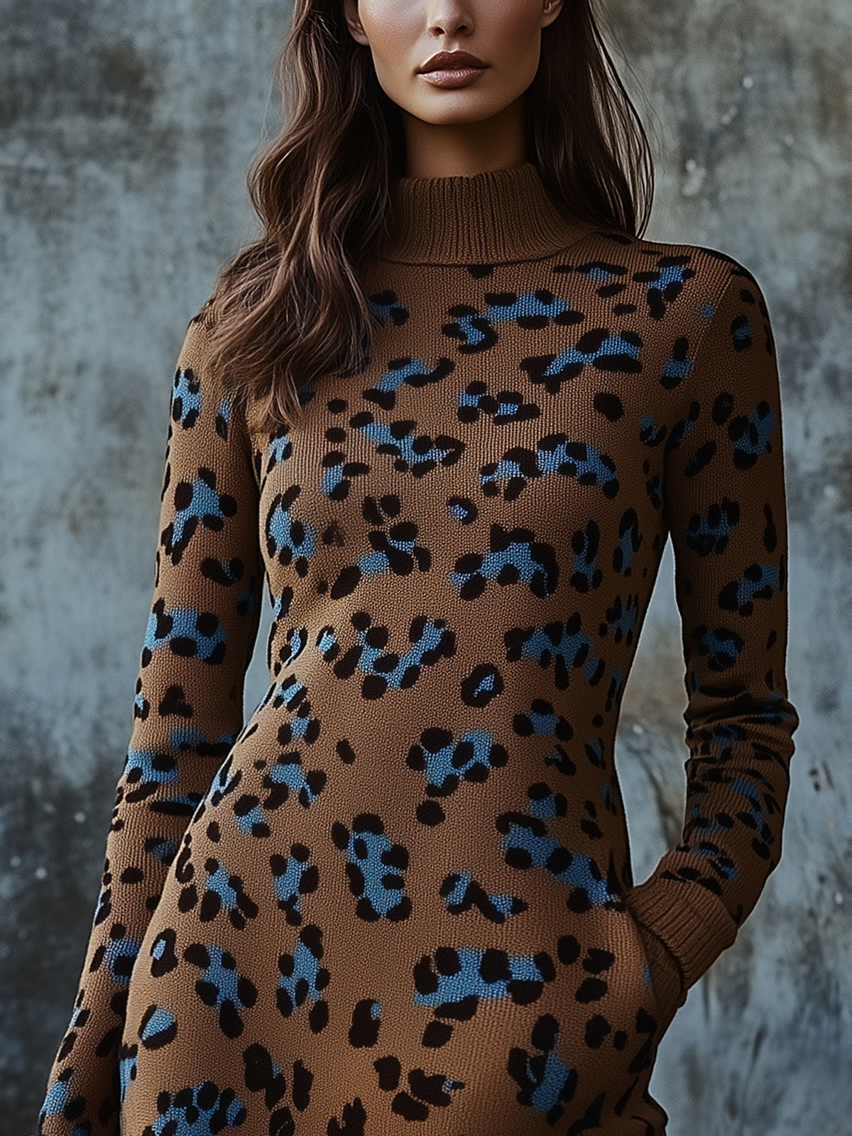 Brown Leopard Print Knit Pocket Detail Turtleneck Long Sleeve Mini Dress