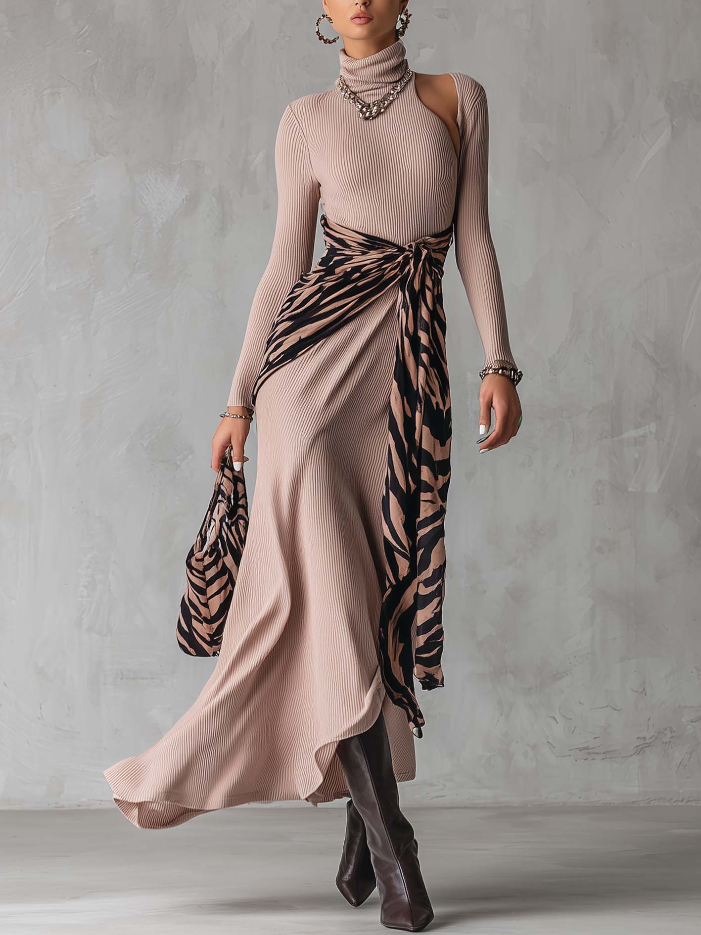 Dusty Pink Zebra Print Patchwork Turtleneck Knit Maxi Dress
