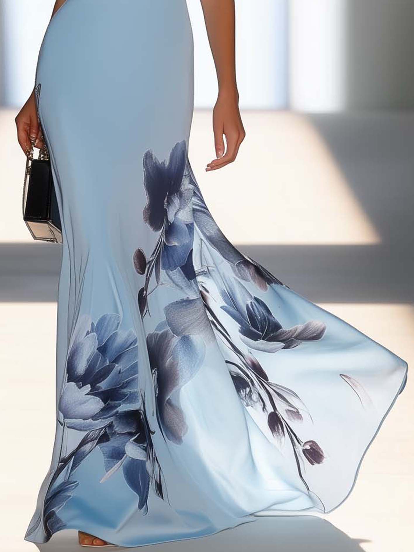 One Shoulder Blue Chiffon Maxi Dress With Elegant Flowers