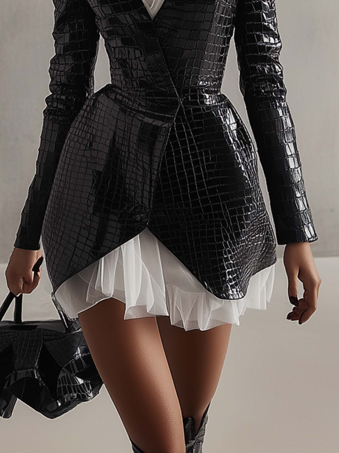 Black Faux Leather Mini Dress With Mesh Stitching