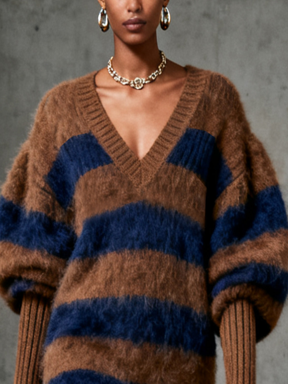 Brown And Navy Striped Fuzzy Knit Sweater Dress