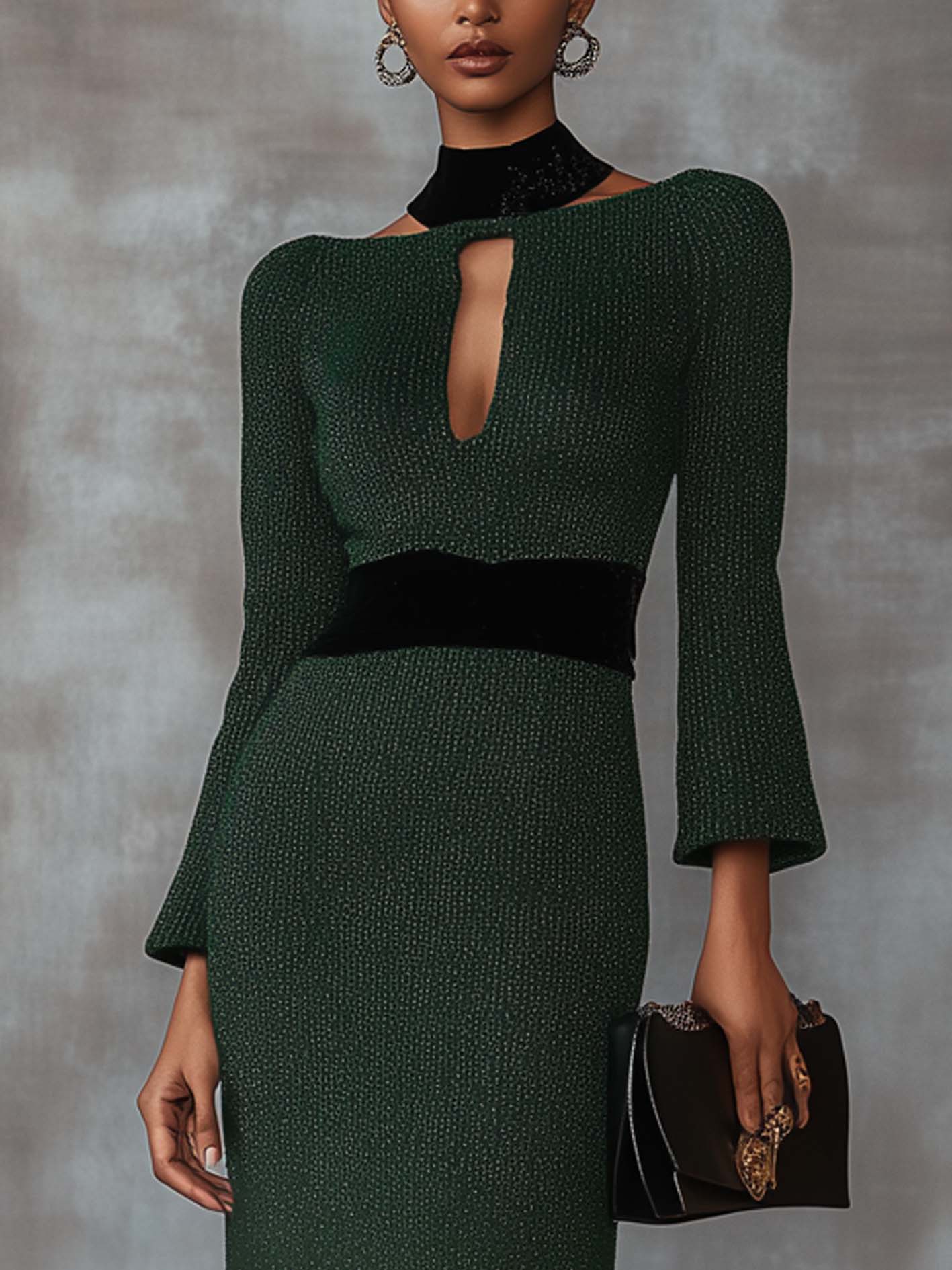 Emerald Green Knitted Midi Dress With Black Neckline And Belt