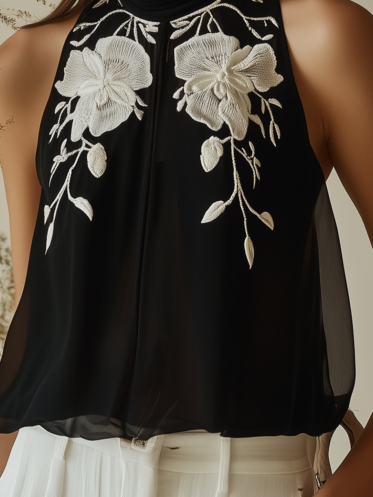 Round Neck Chiffon Shirt With Floral Embroidery