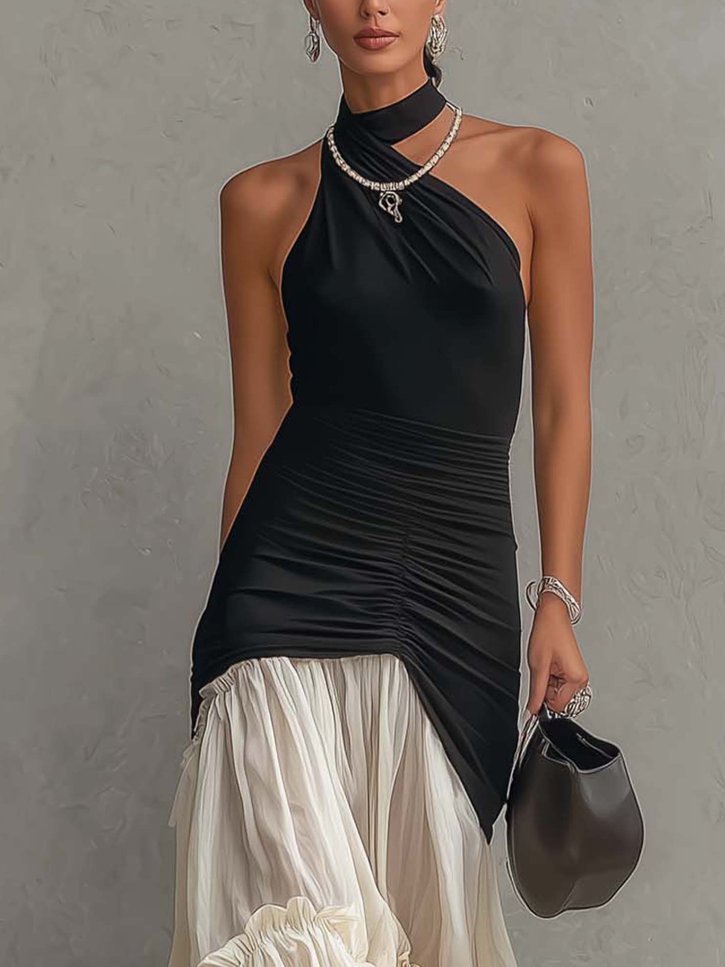 Black Satin And Chiffon Patchwork Maxi Dress