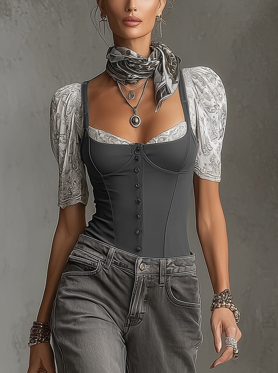 Gray Corset-Style Puff-Sleeve Shirt With Printed Contrast Fabric