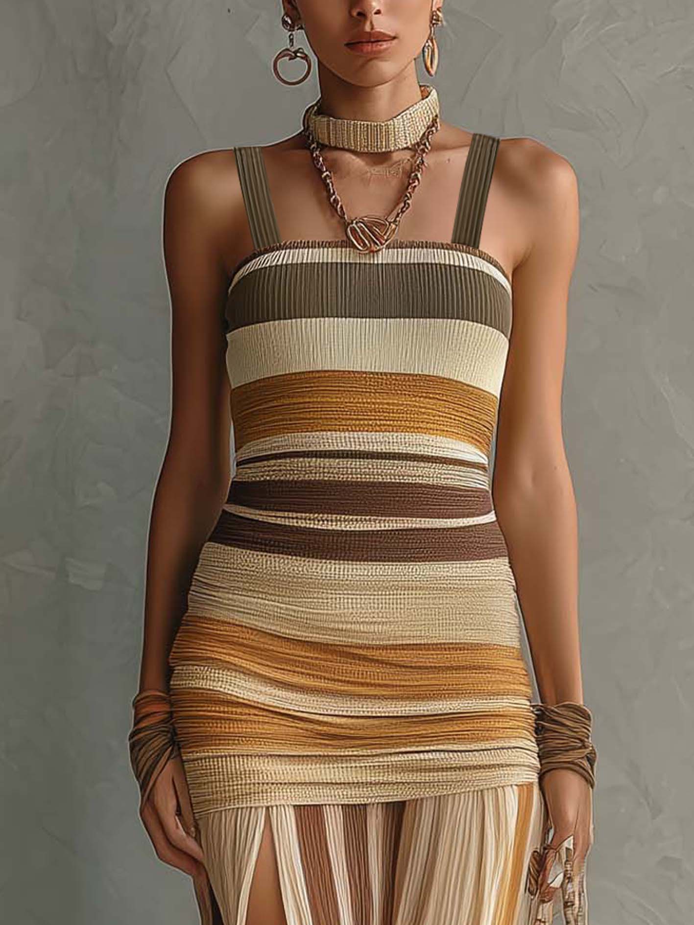 Multicolor Striped Knit Bodycon Dress With Chiffon Spliced