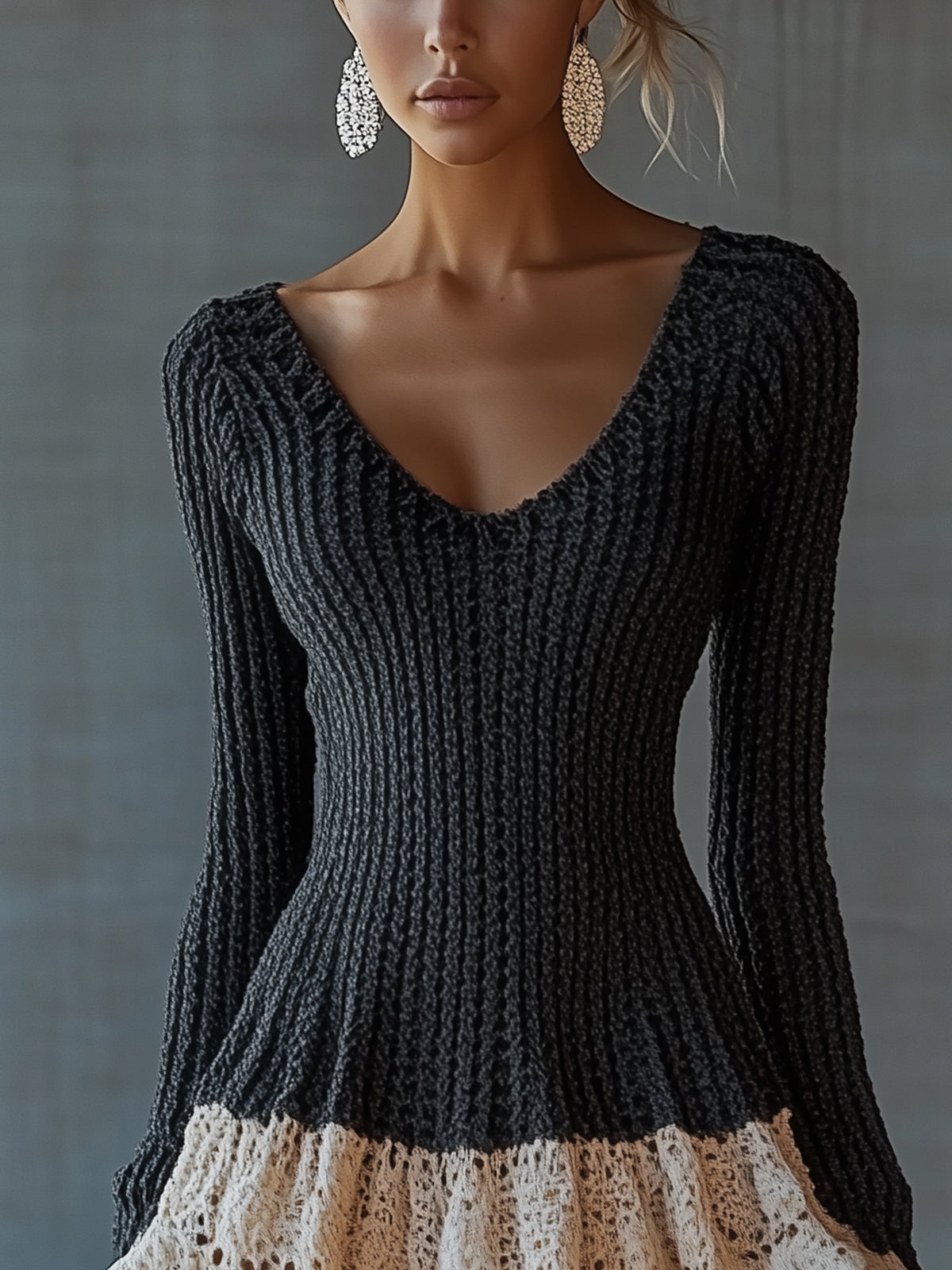 Black Chic Knit And Lace Contrast Dress