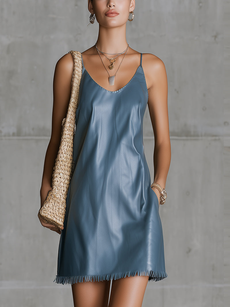 Blue Faux Leather Fringe‑Hem Slip Dress