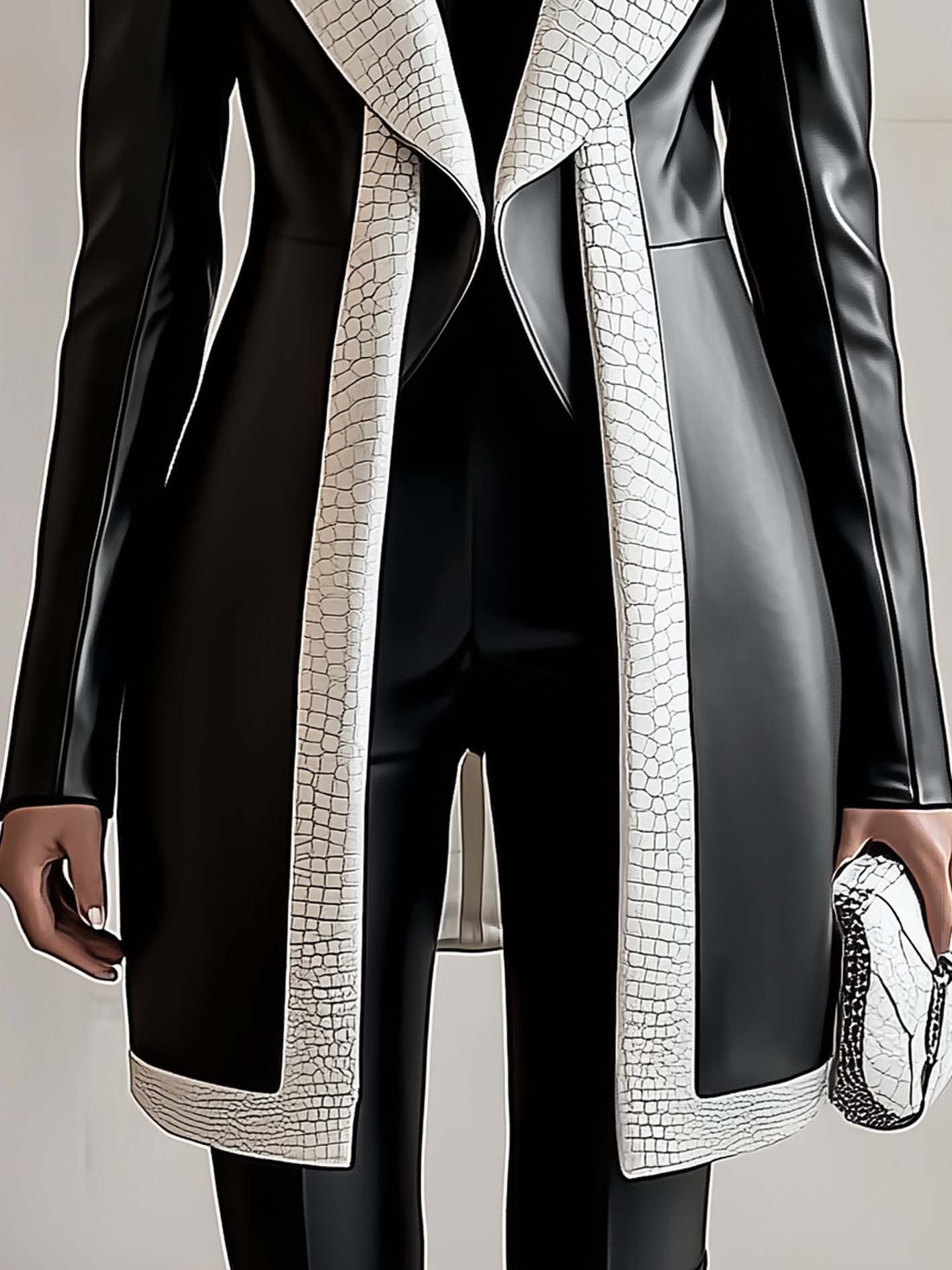 Black Faux Leather Jacket With White Stylish Trim And Lapels
